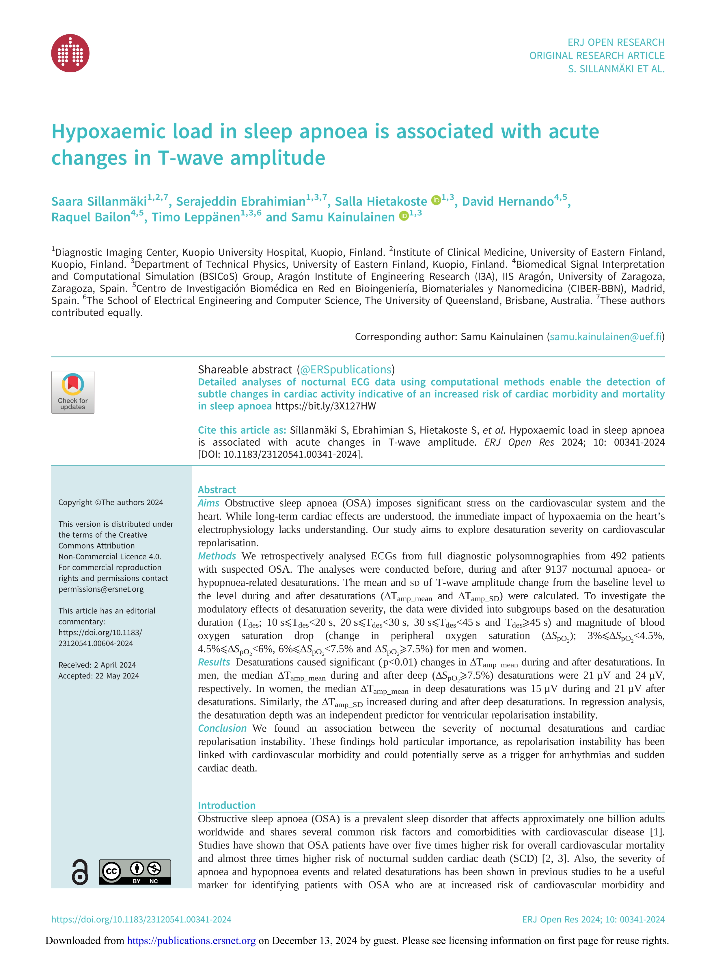 Hypoxaemic load in sleep apnoea is associated with acute changes in T-wave amplitude