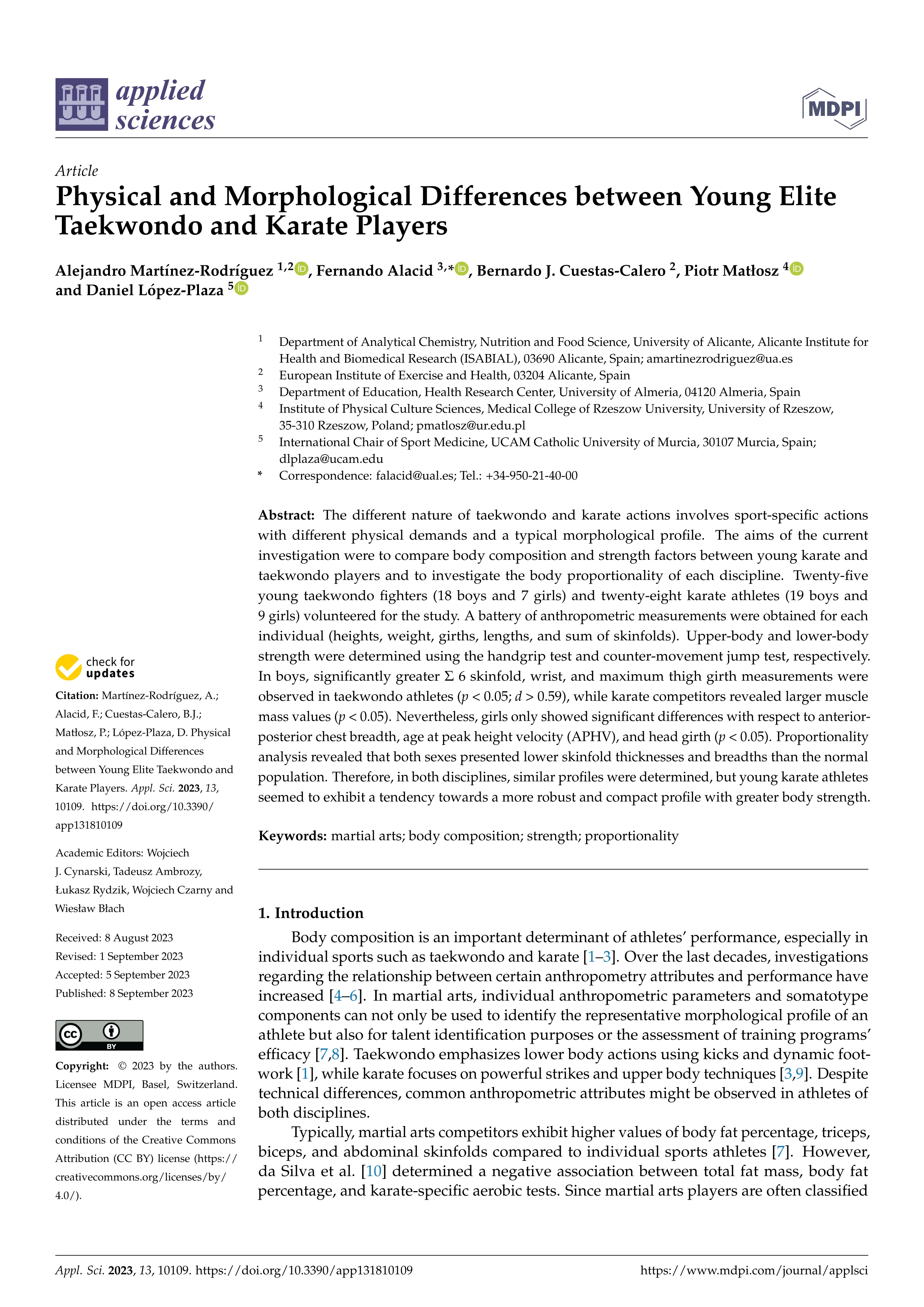 Physical and morphological differences between young elite taekwondo and karate players