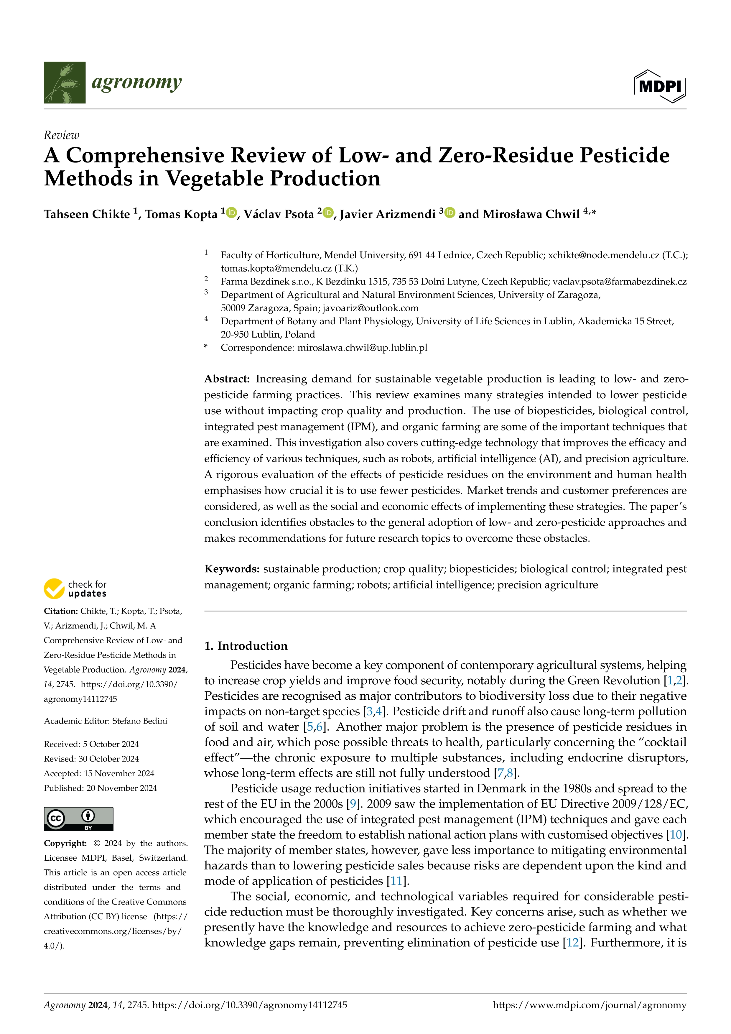 A Comprehensive Review of Low- and Zero-Residue Pesticide Methods in Vegetable Production