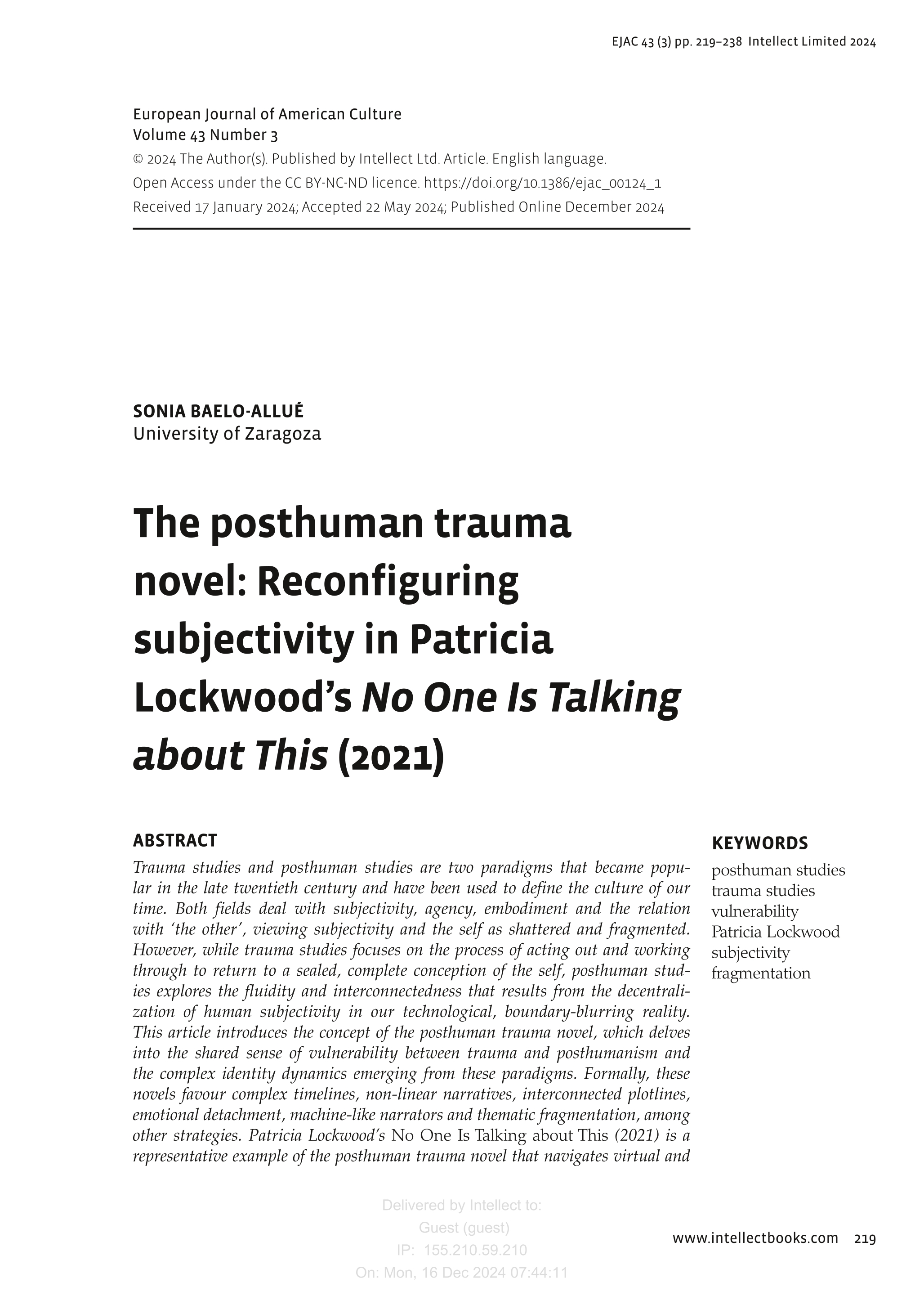 The posthuman trauma novel: Reconfiguring subjectivity in Patricia Lockwood’s No One Is Talking about This (2021)