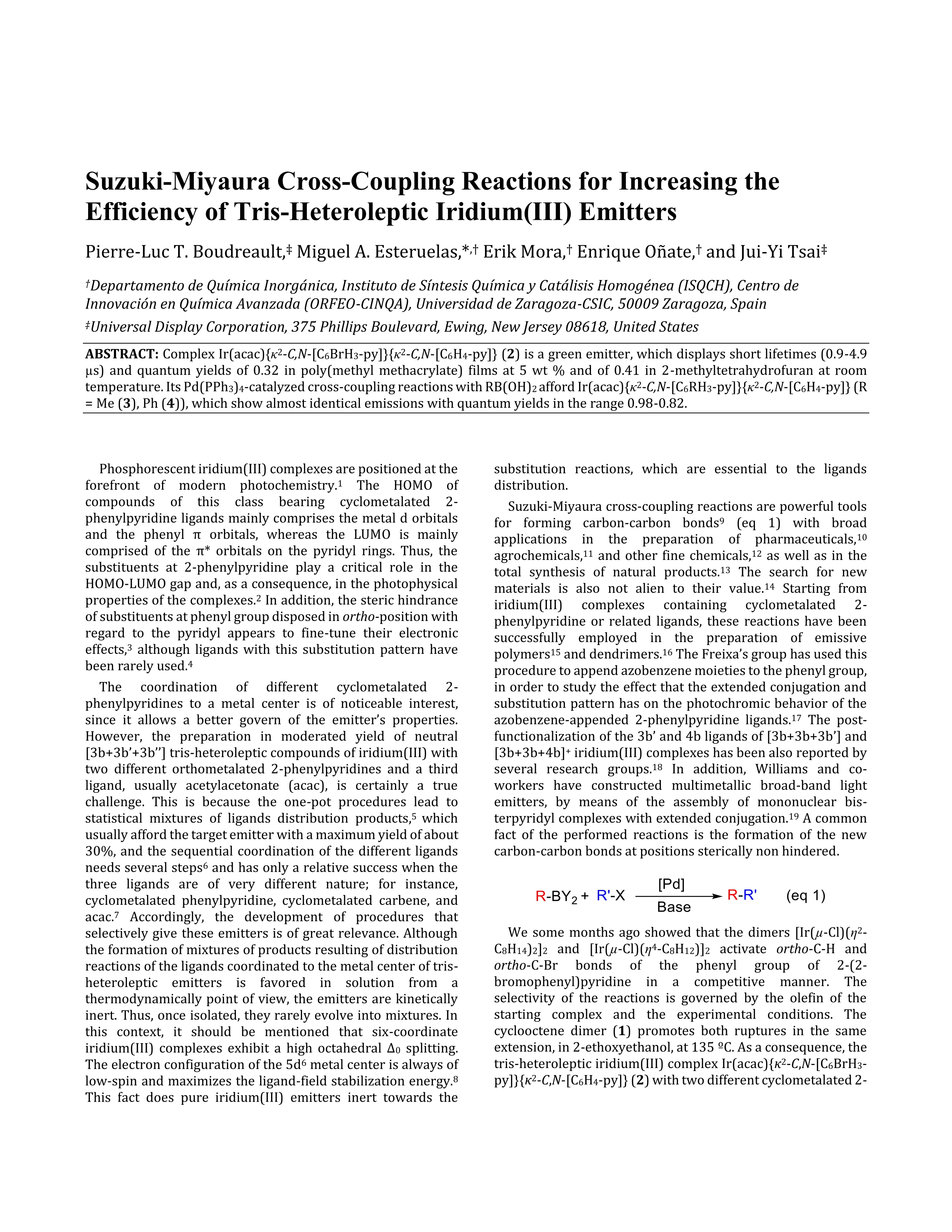 Suzuki-Miyaura Cross-Coupling Reactions for Increasing the Efficiency of Tris-Heteroleptic Iridium(III) Emitters