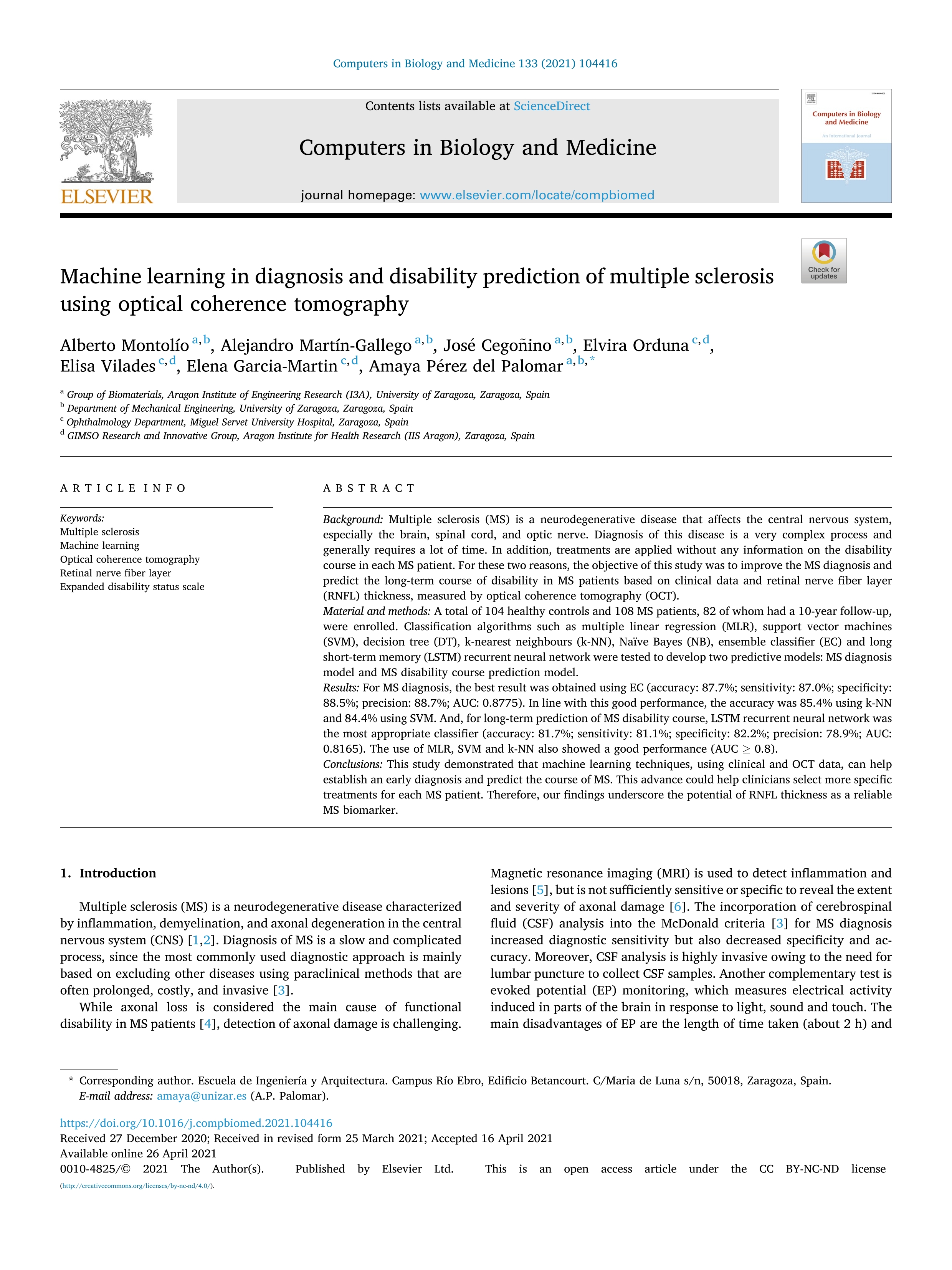 Machine learning in diagnosis and disability prediction of multiple sclerosis using optical coherence tomography