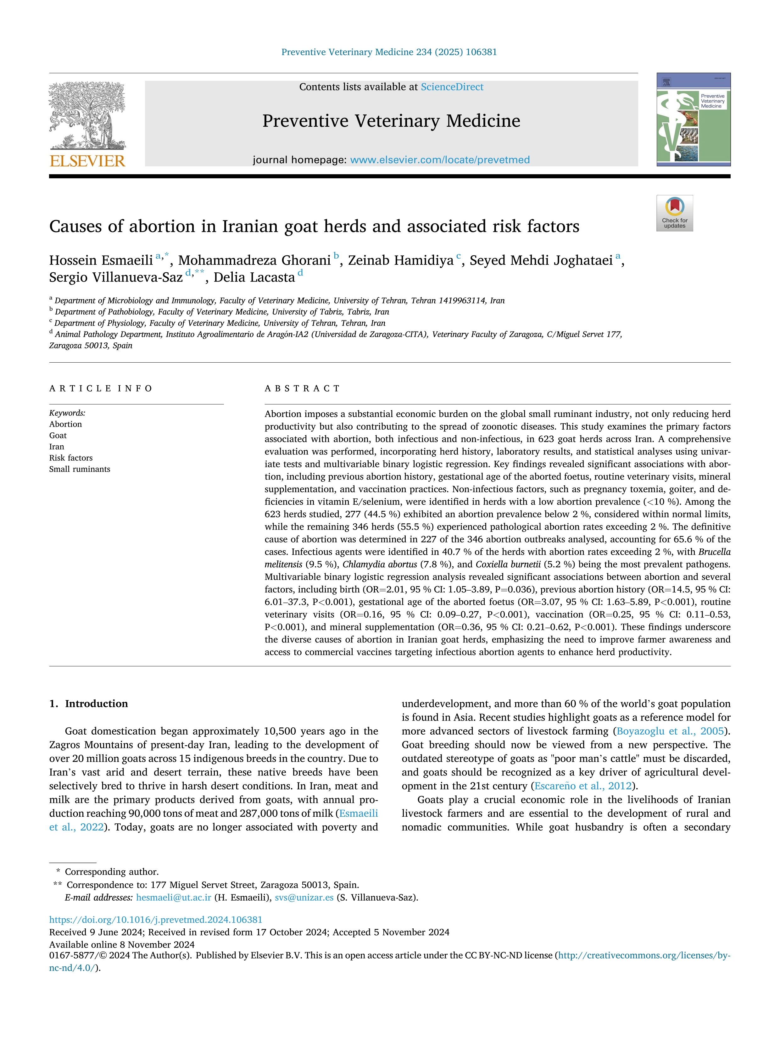 Causes of abortion in Iranian goat herds and associated risk factors