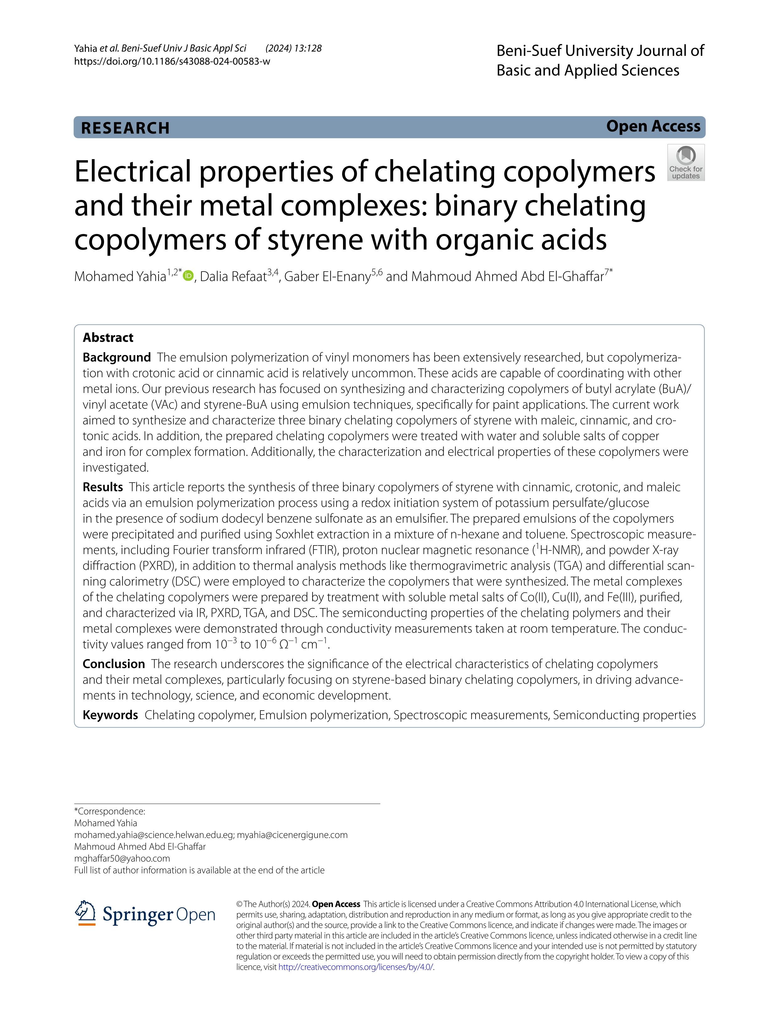 Electrical properties of chelating copolymers and their metal complexes: binary chelating copolymers of styrene with organic acids