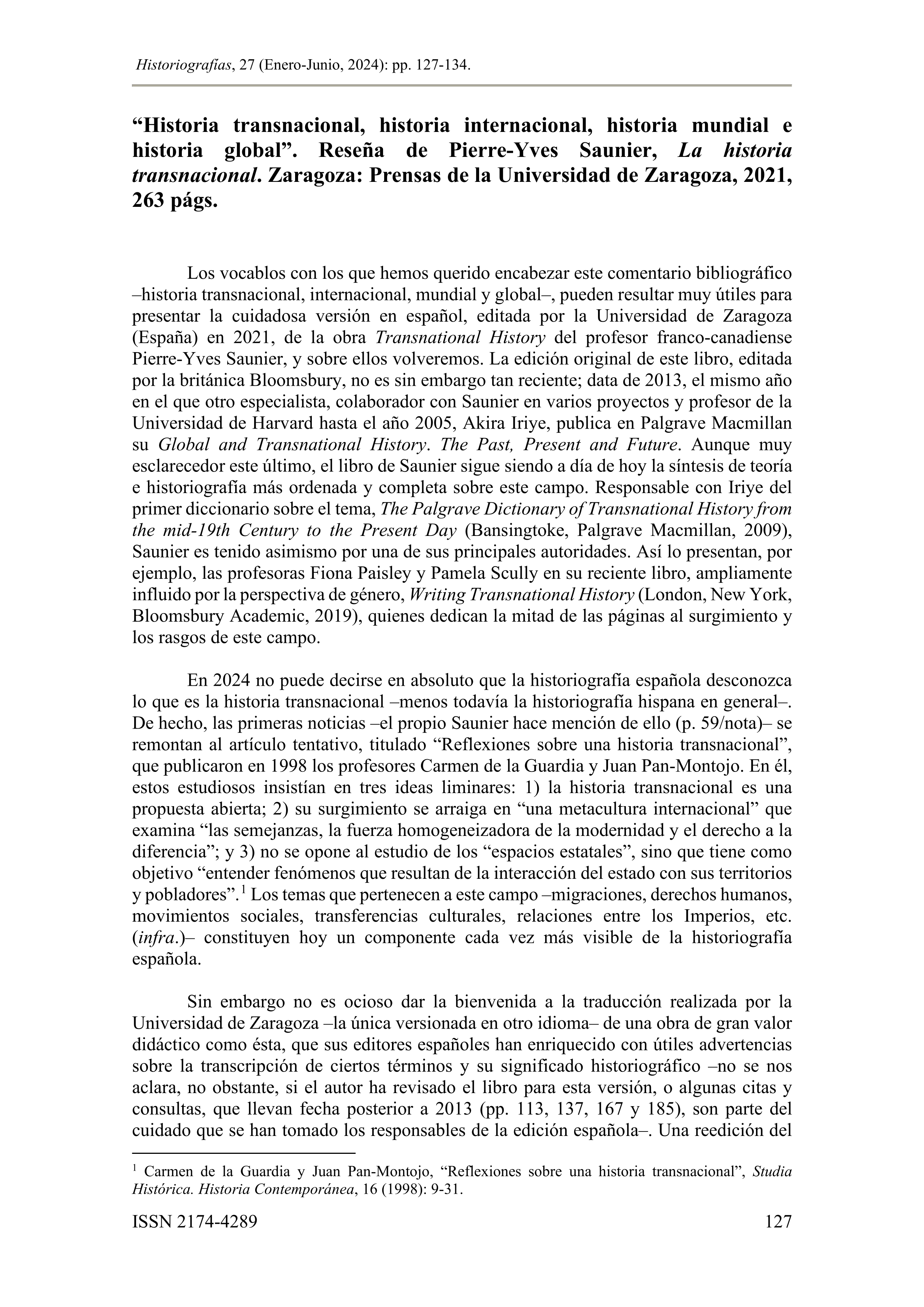 “Historia transnacional, historia internacional, historia mundial e historia global”. Reseña de Pierre-Yves Saunier, La historia transnacional. Zaragoza: Prensas de la Universidad de Zaragoza, 2021, 263 págs.