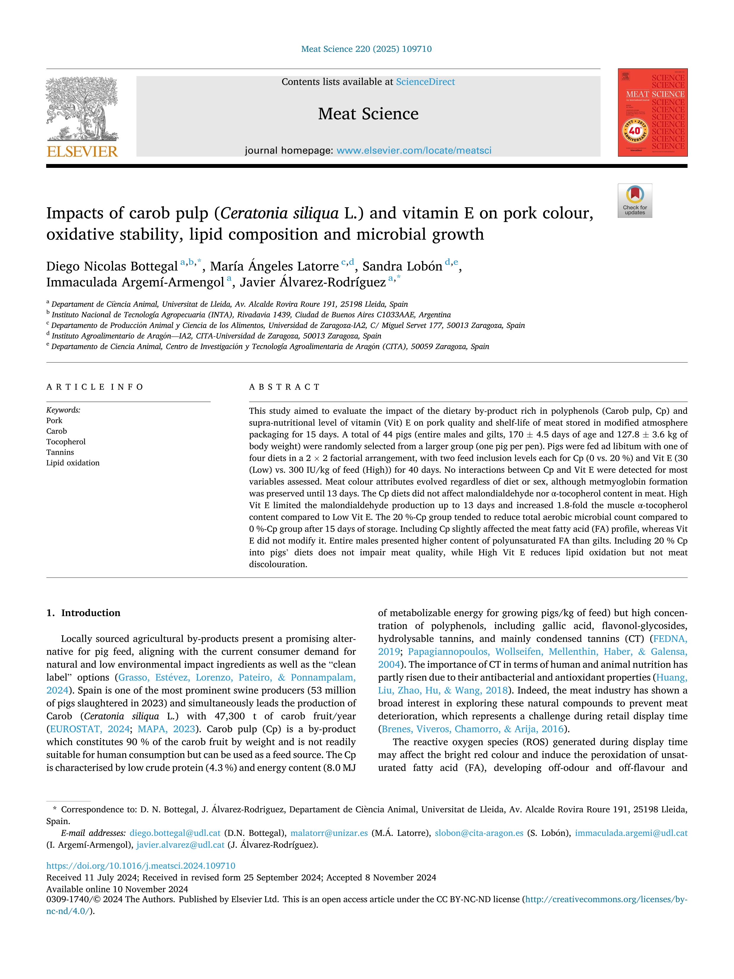 Impacts of carob pulp (Ceratonia siliqua L.) and vitamin E on pork colour, oxidative stability, lipid composition and microbial growth