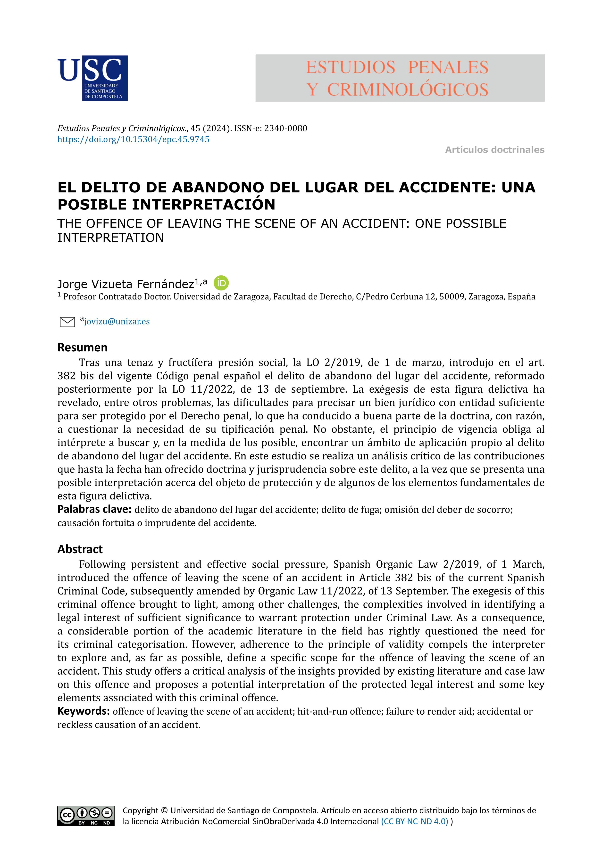 El delito de abandono del lugar del accidente: una posible interpretación