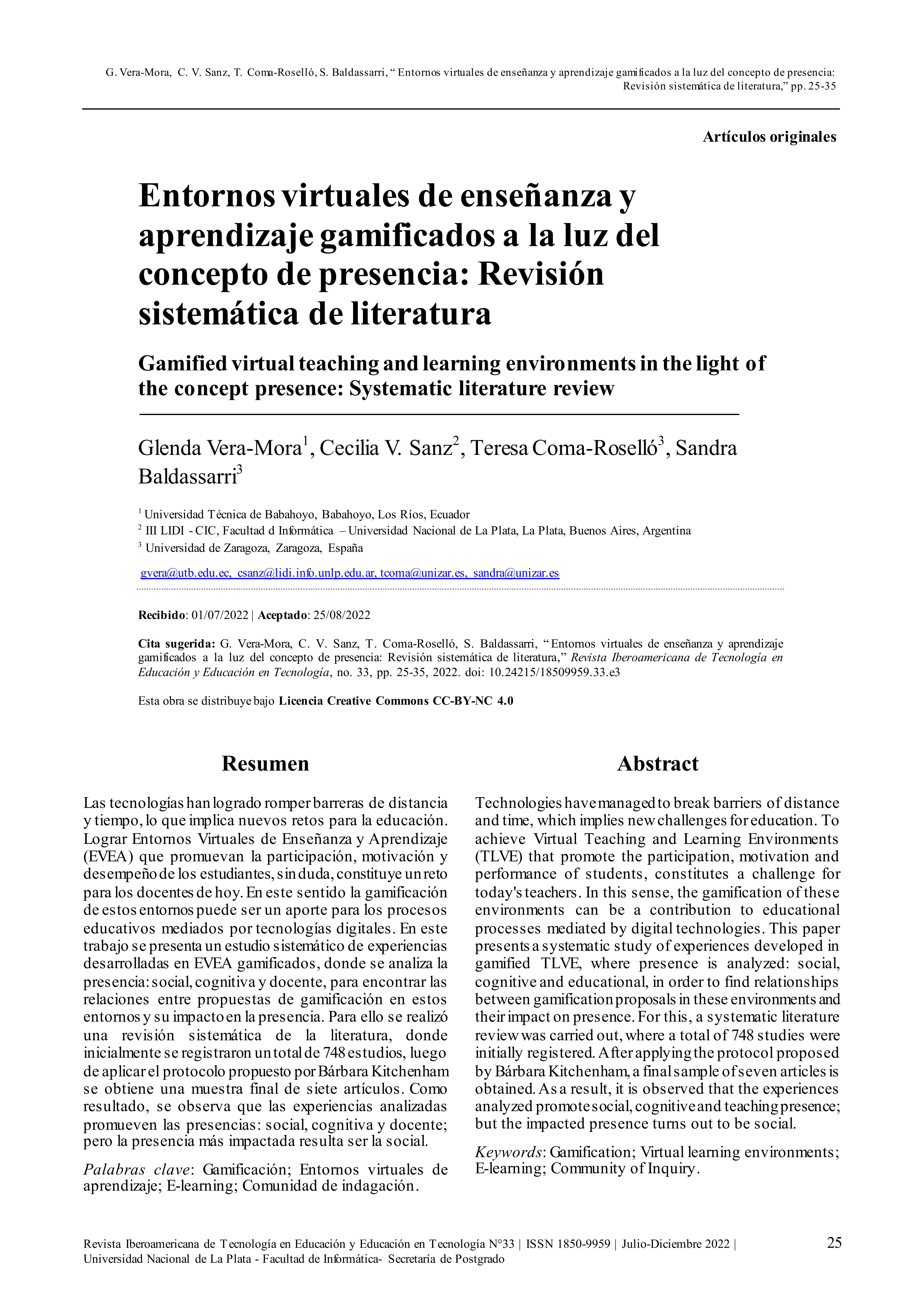 Entornos virtuales de enseñanza y aprendizaje gamificados a la luz del concepto de presencia: Revisión sistemática de literatura