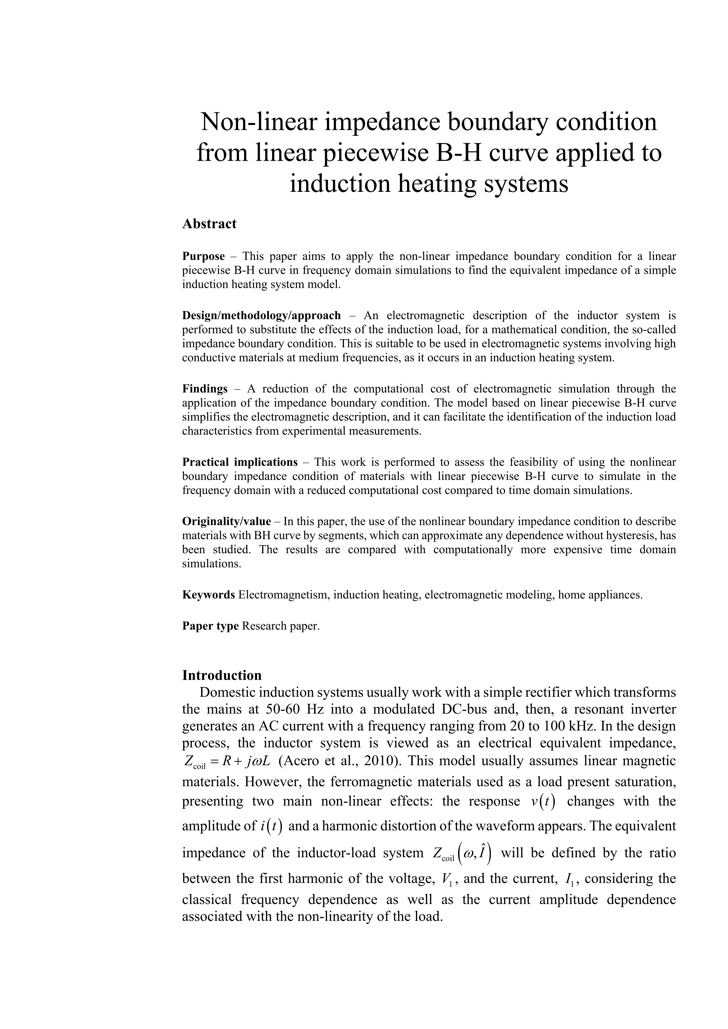 Non-linear impedance boundary condition from linear piecewise <i>B</i>-<i>H</i> curve applied to induction heating systems