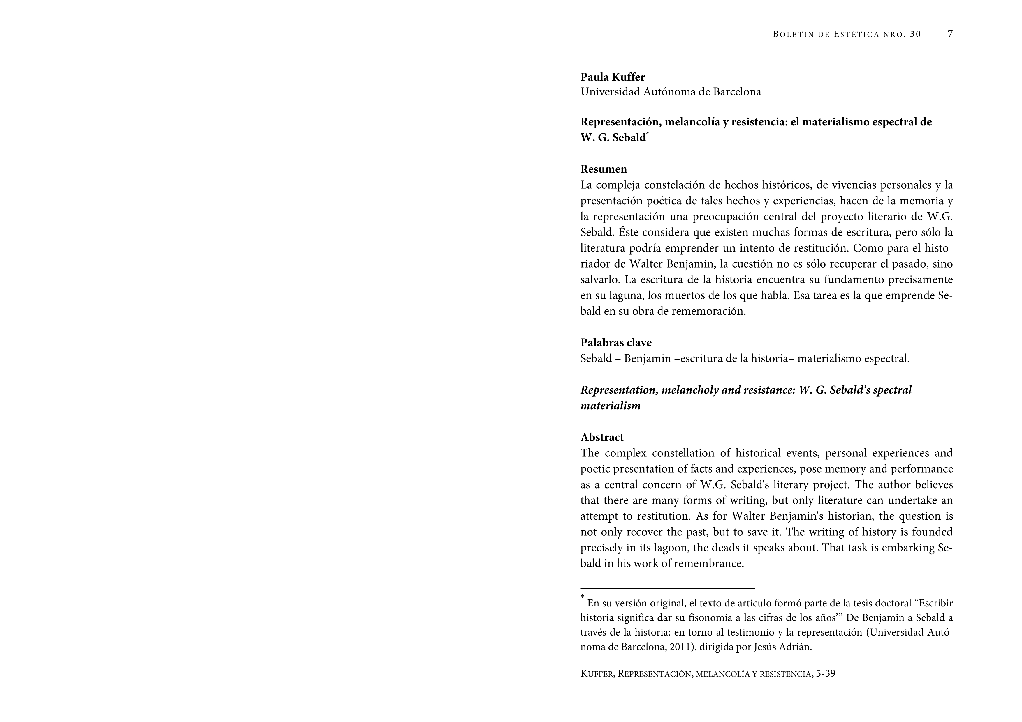 Representación, melancolía y resistencia: el materialismo espectral deW. G. Sebald