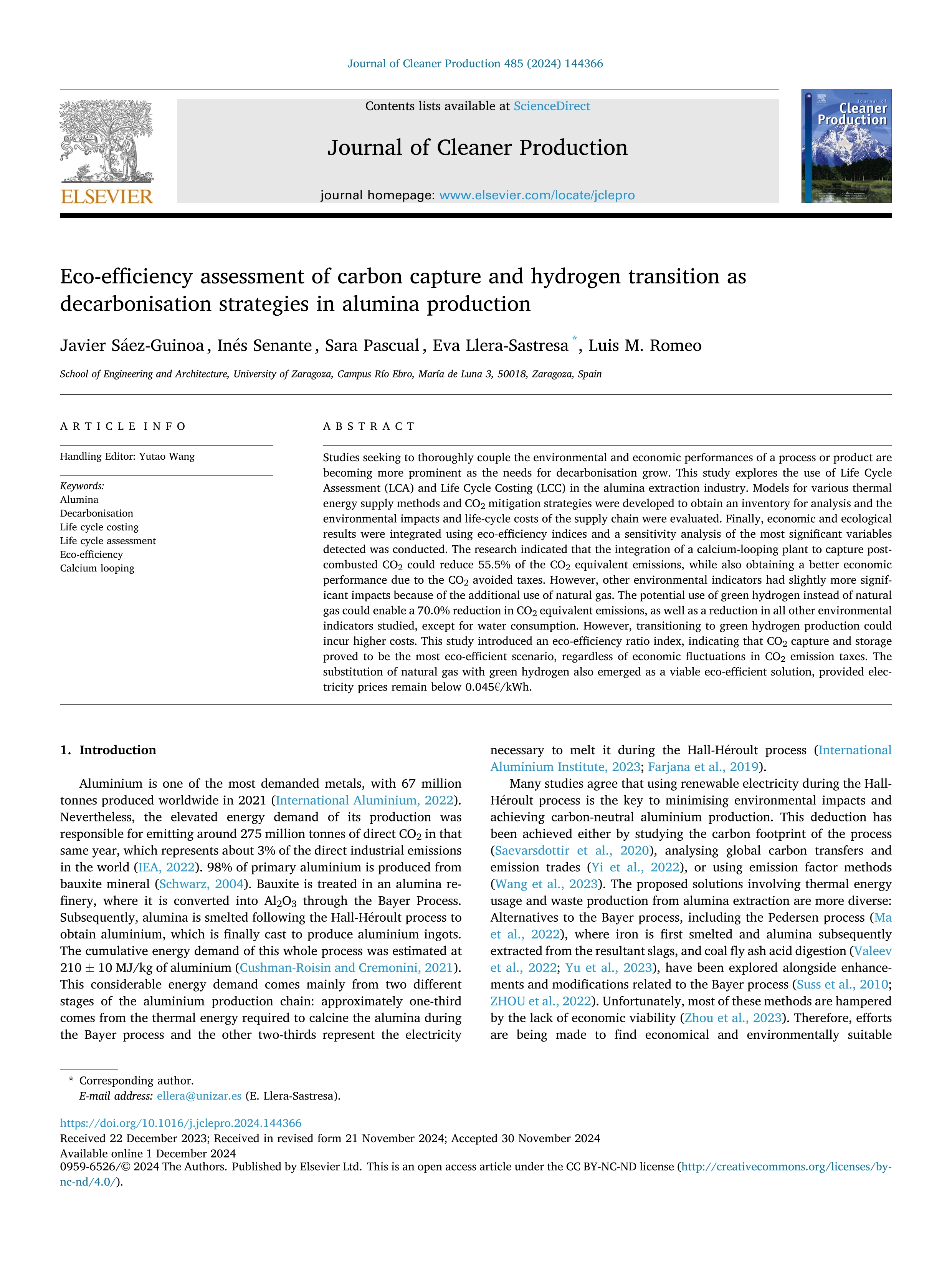 Eco-efficiency assessment of carbon capture and hydrogen transition as decarbonisation strategies in alumina production