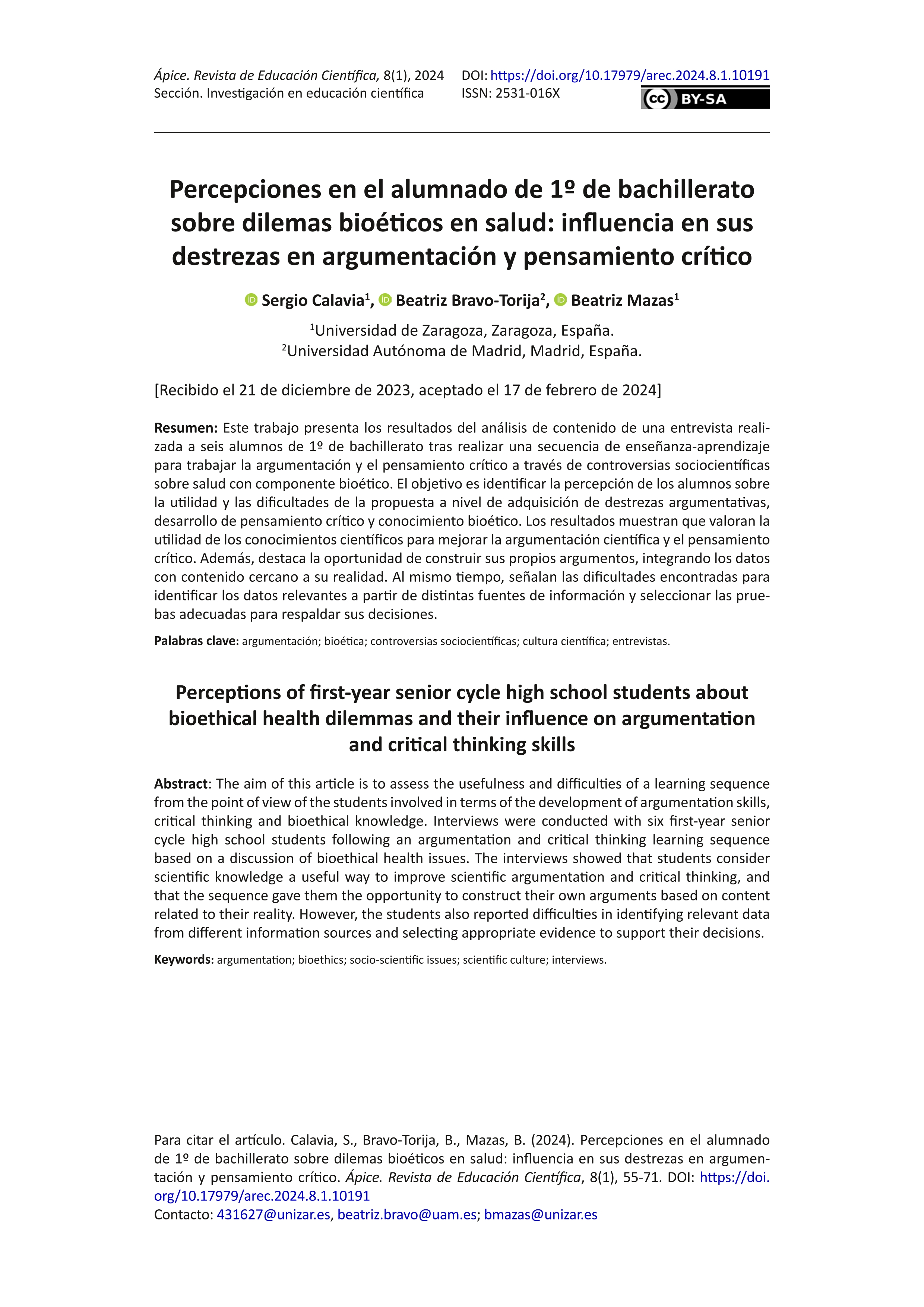 Percepciones en el alumnado de 1º de bachillerato sobre dilemas bioéticos en salud: influencia en sus destrezas en argumentación y pensamiento crítico