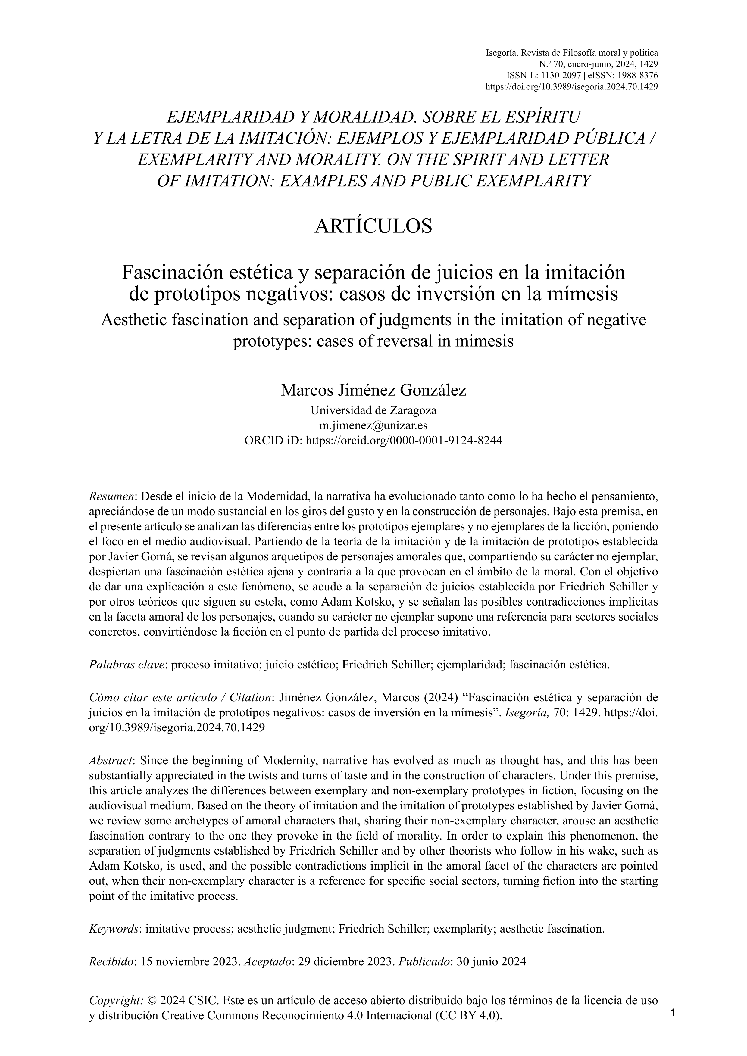 Fascinación estética y separación de juicios en la imitación de prototipos negativos: casos de inversión en la mímesis