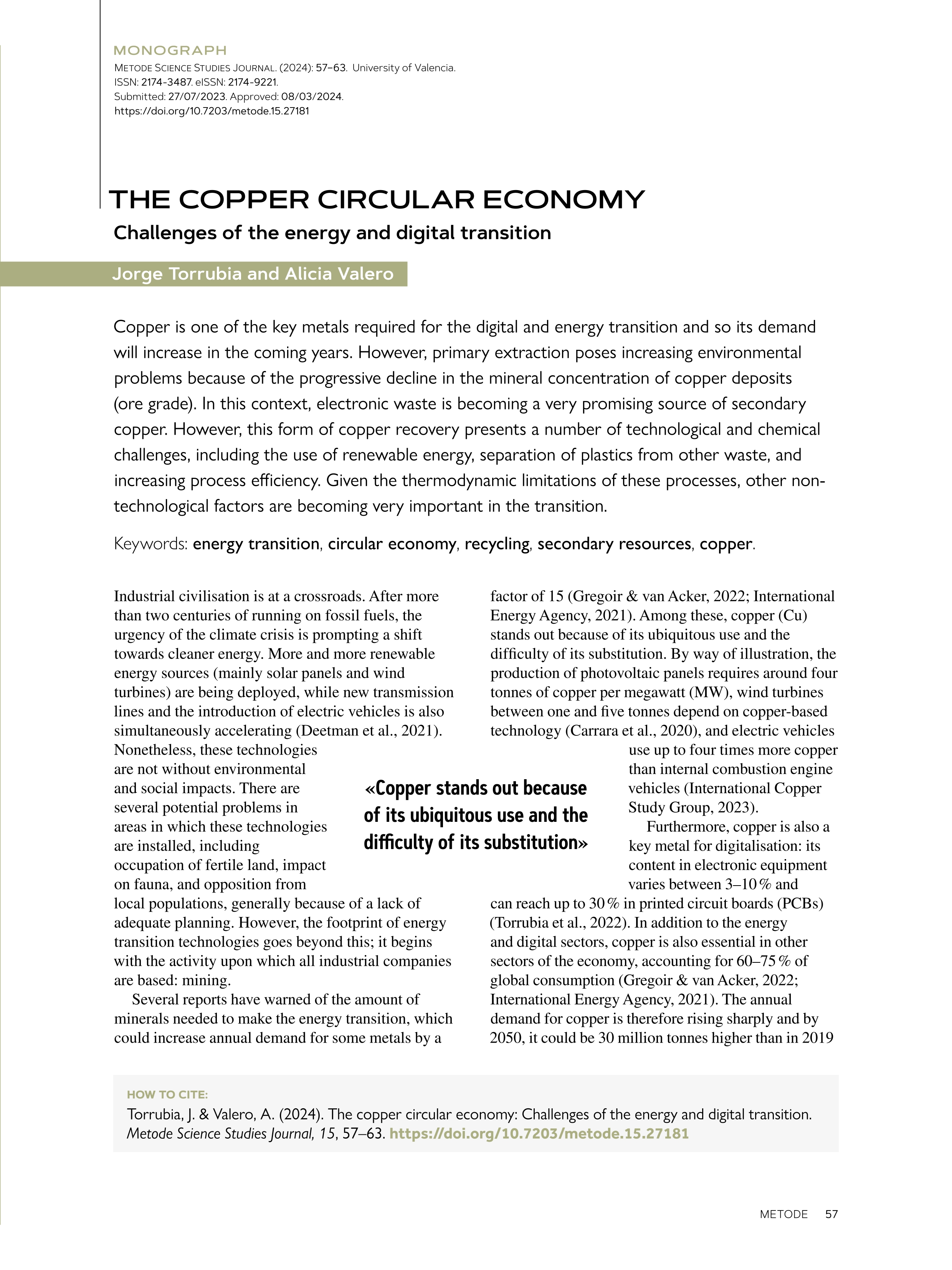 Copper circular economy: Challenges of the energy and digital transition