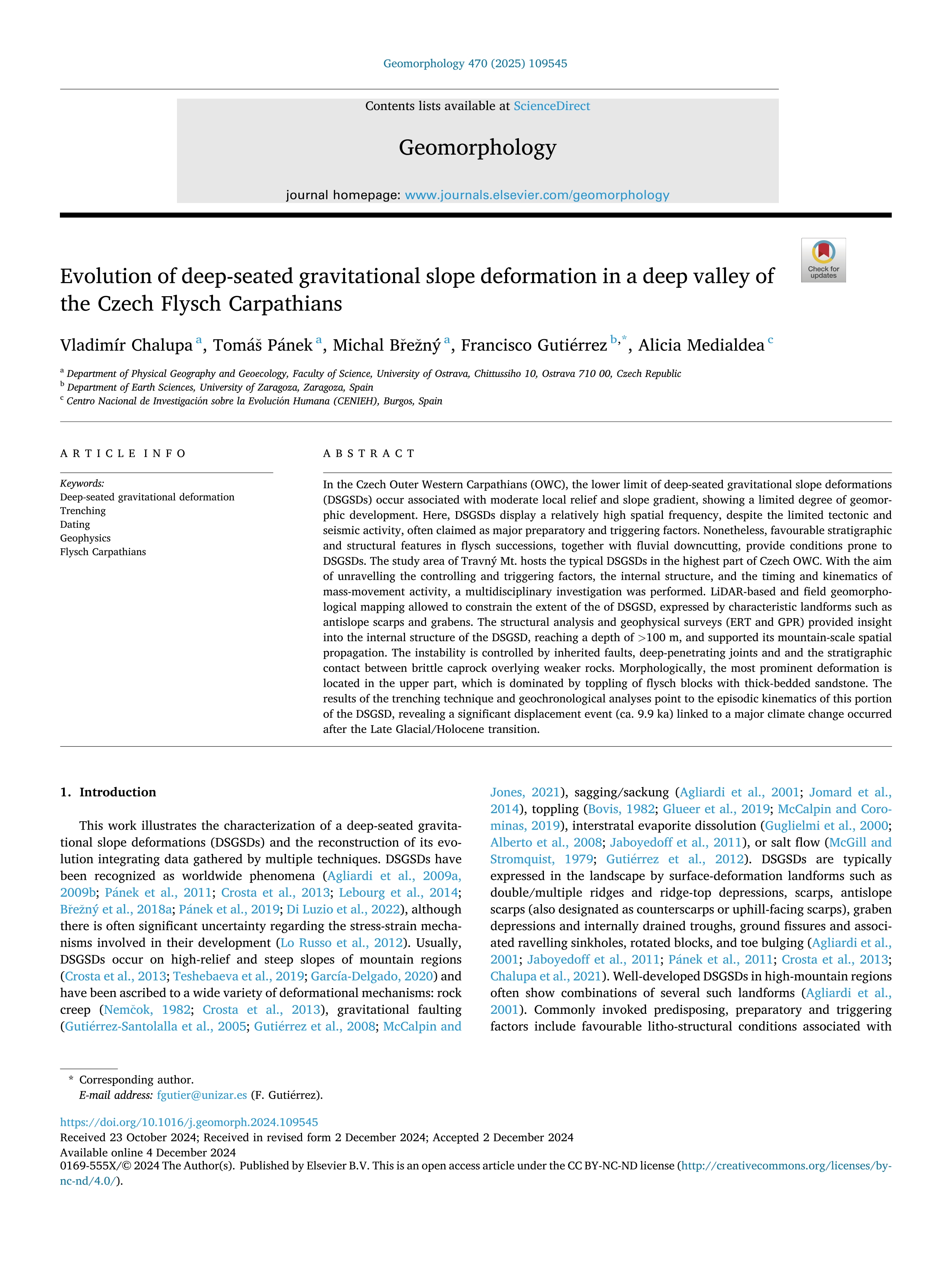 Evolution of deep-seated gravitational slope deformation in a deep valley of the Czech Flysch Carpathians