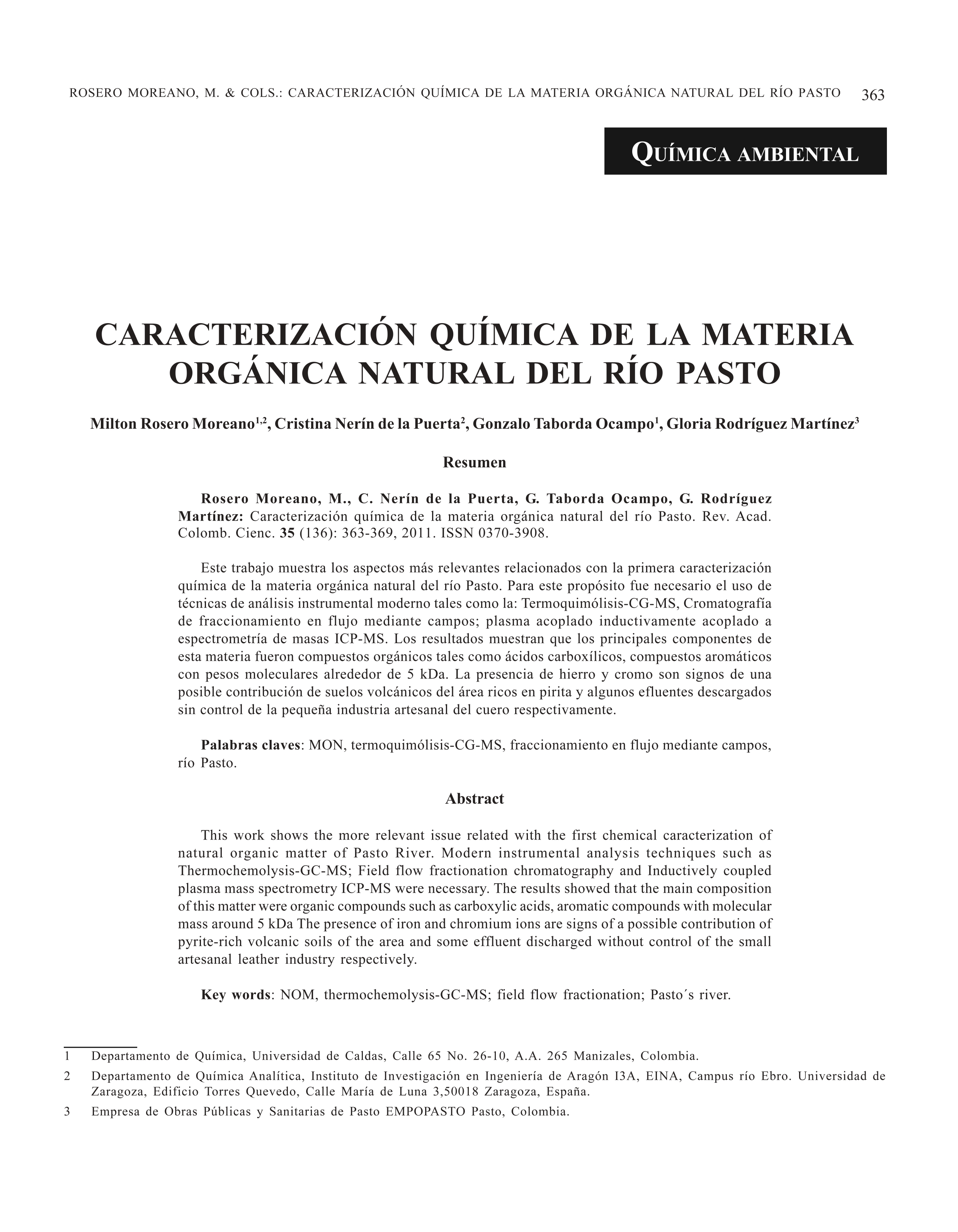 Caracterización química de la materia orgánica natural del río Pasto