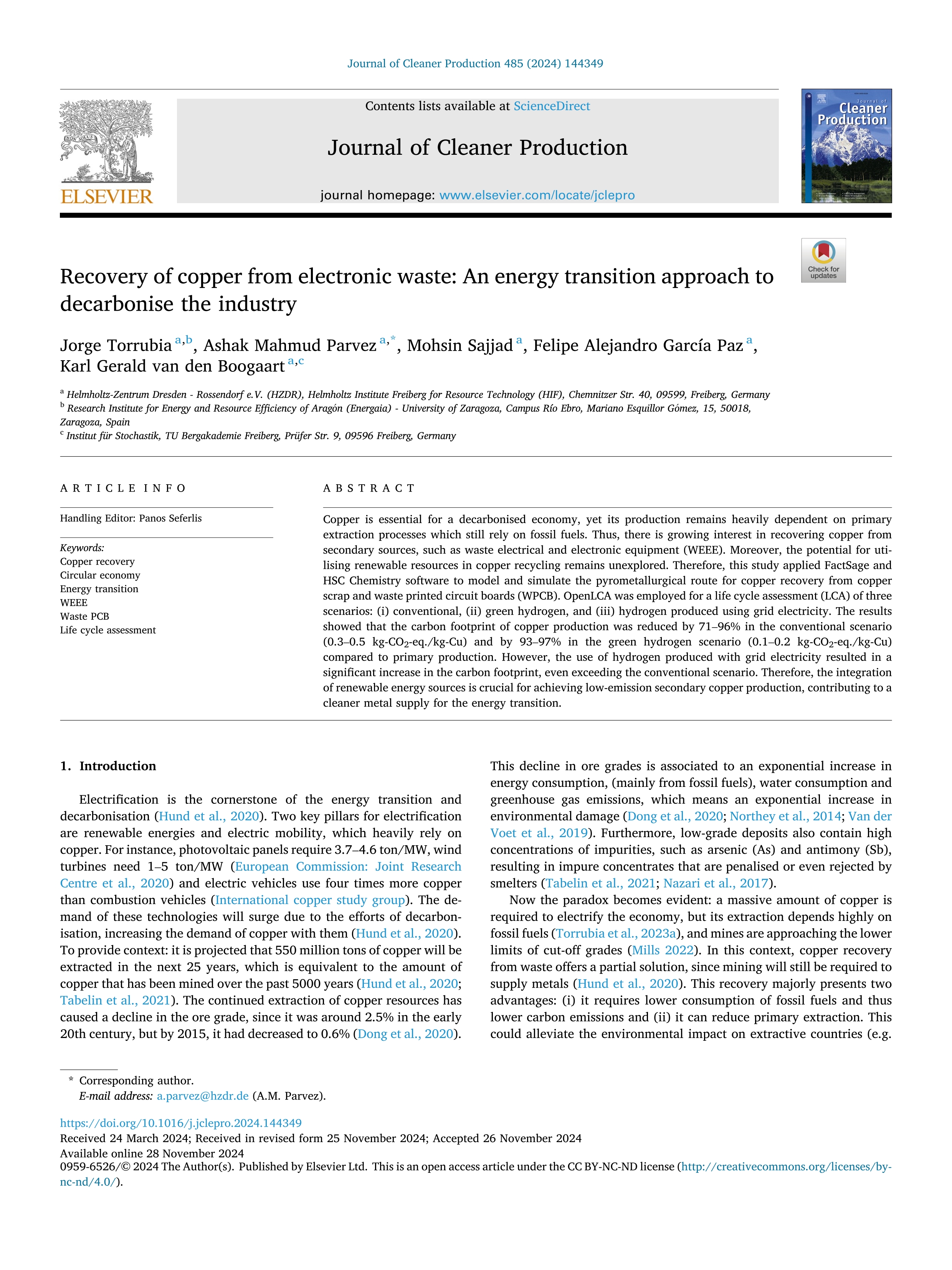 Recovery of copper from electronic waste: An energy transition approach to decarbonise the industry