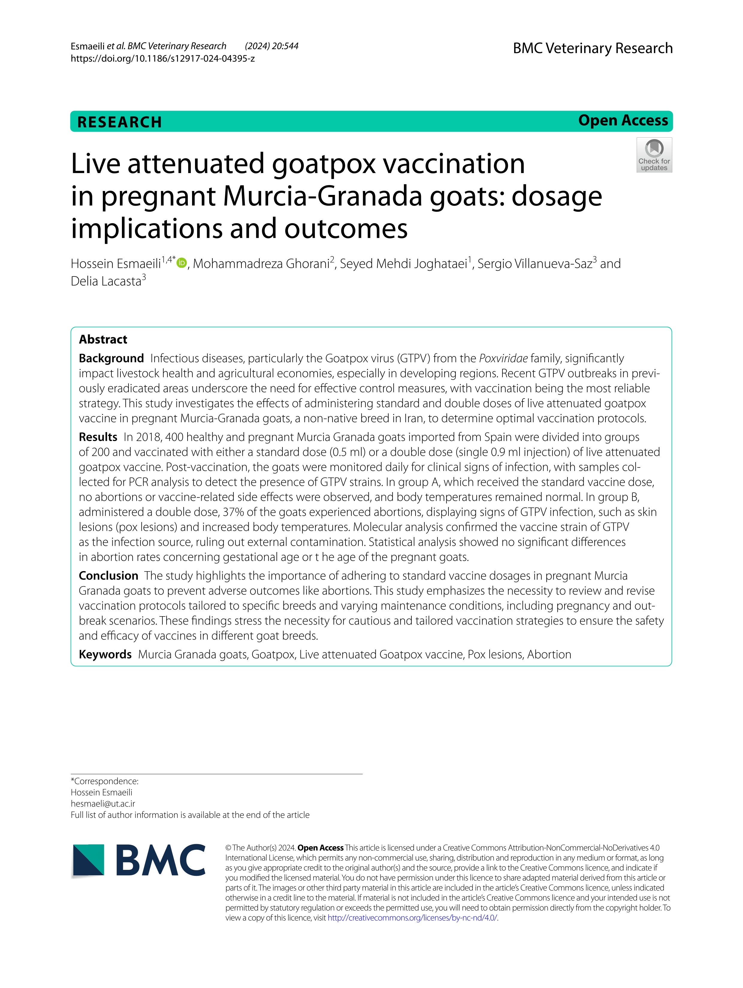 Live attenuated goatpox vaccination in pregnant Murcia-Granada goats: dosage implications and outcomes