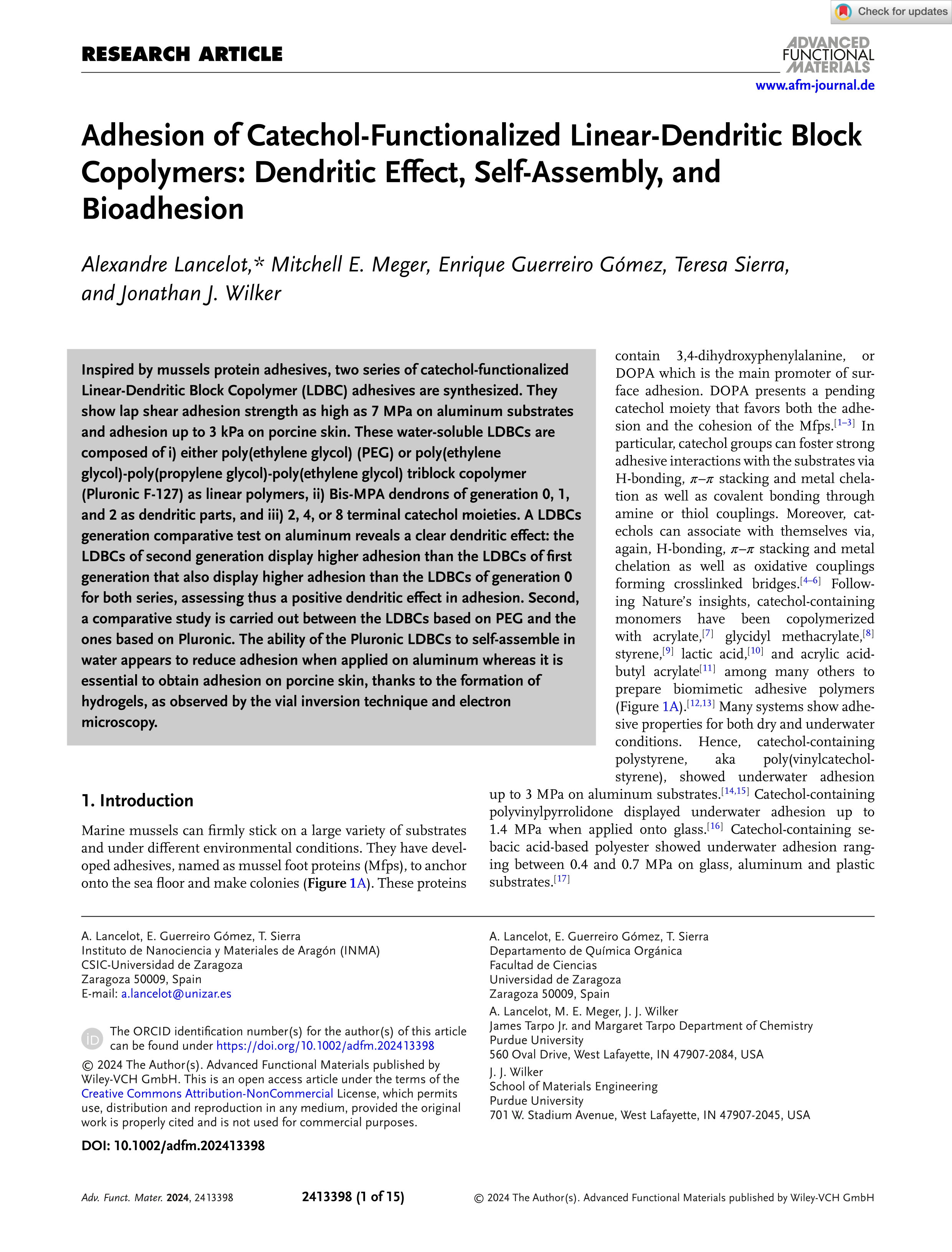 Adhesion of Catechol-Functionalized Linear-Dendritic Block Copolymers: dendritic effect, self-assembly, and bioadhesion