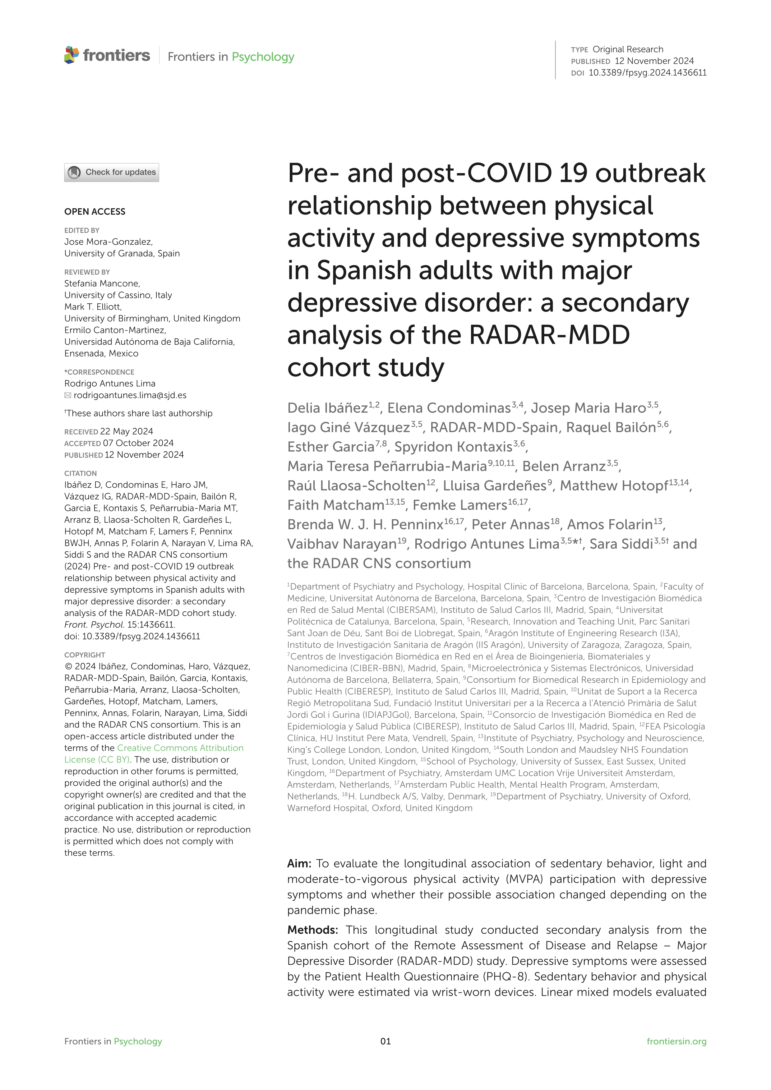 Pre- and post-COVID 19 outbreak relationship between physical activity and depressive symptoms in Spanish adults with major depressive disorder: a secondary analysis of the RADAR-MDD cohort study