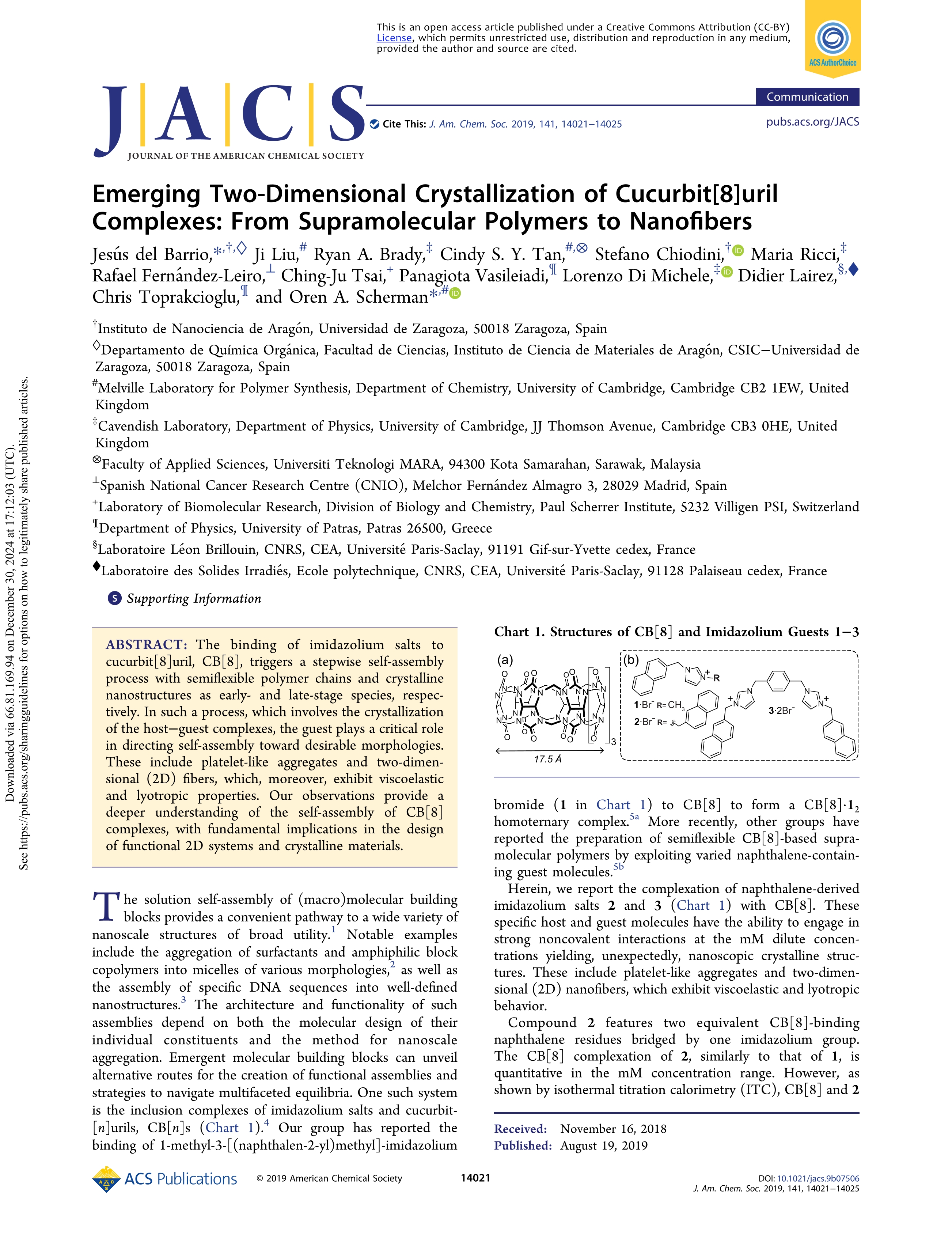 Emerging Two-Dimensional Crystallization of Cucurbit[8]uril Complexes: From Supramolecular Polymers to Nanofibers