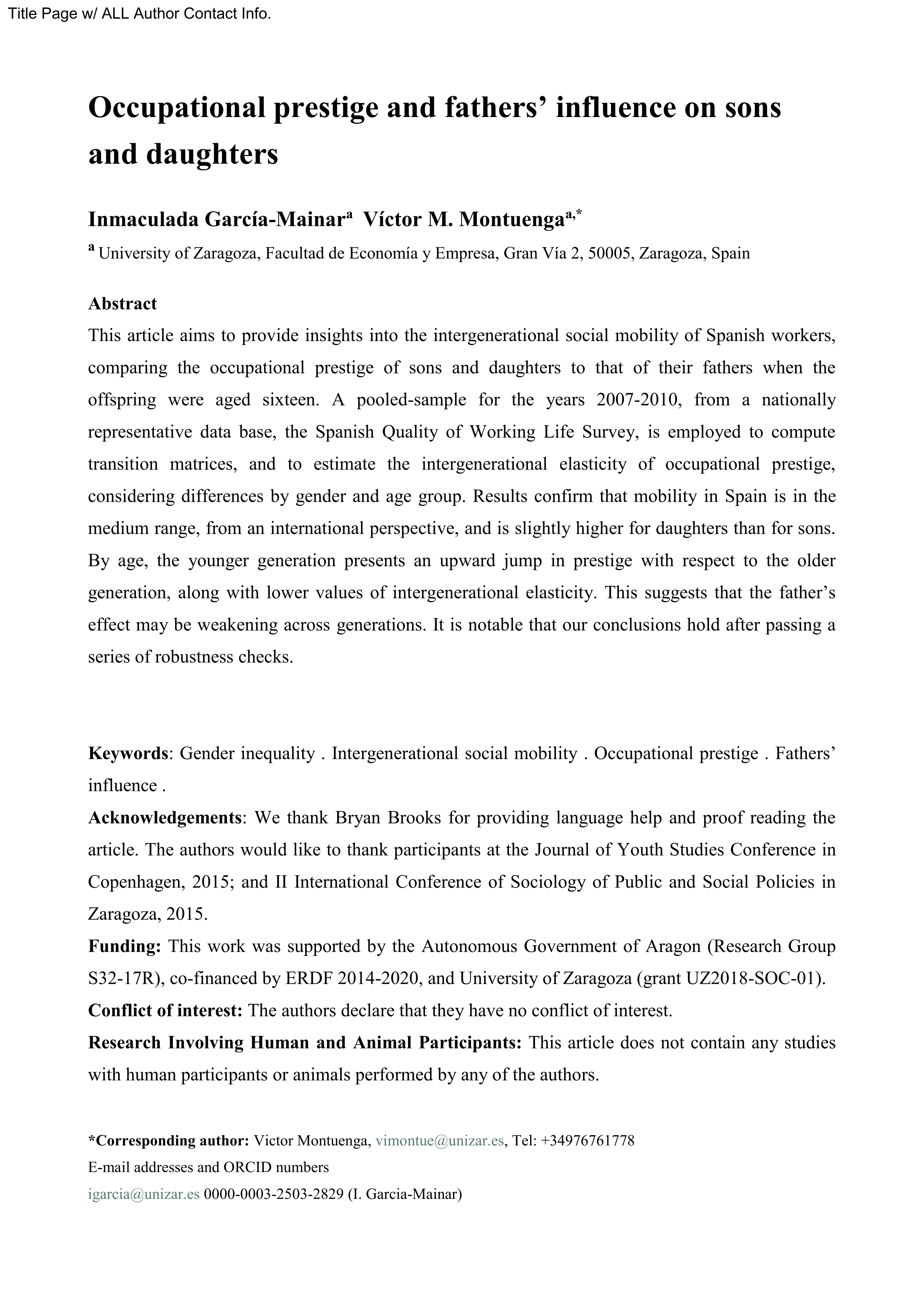 Occupational Prestige and Fathers’ Influence on Sons and Daughters