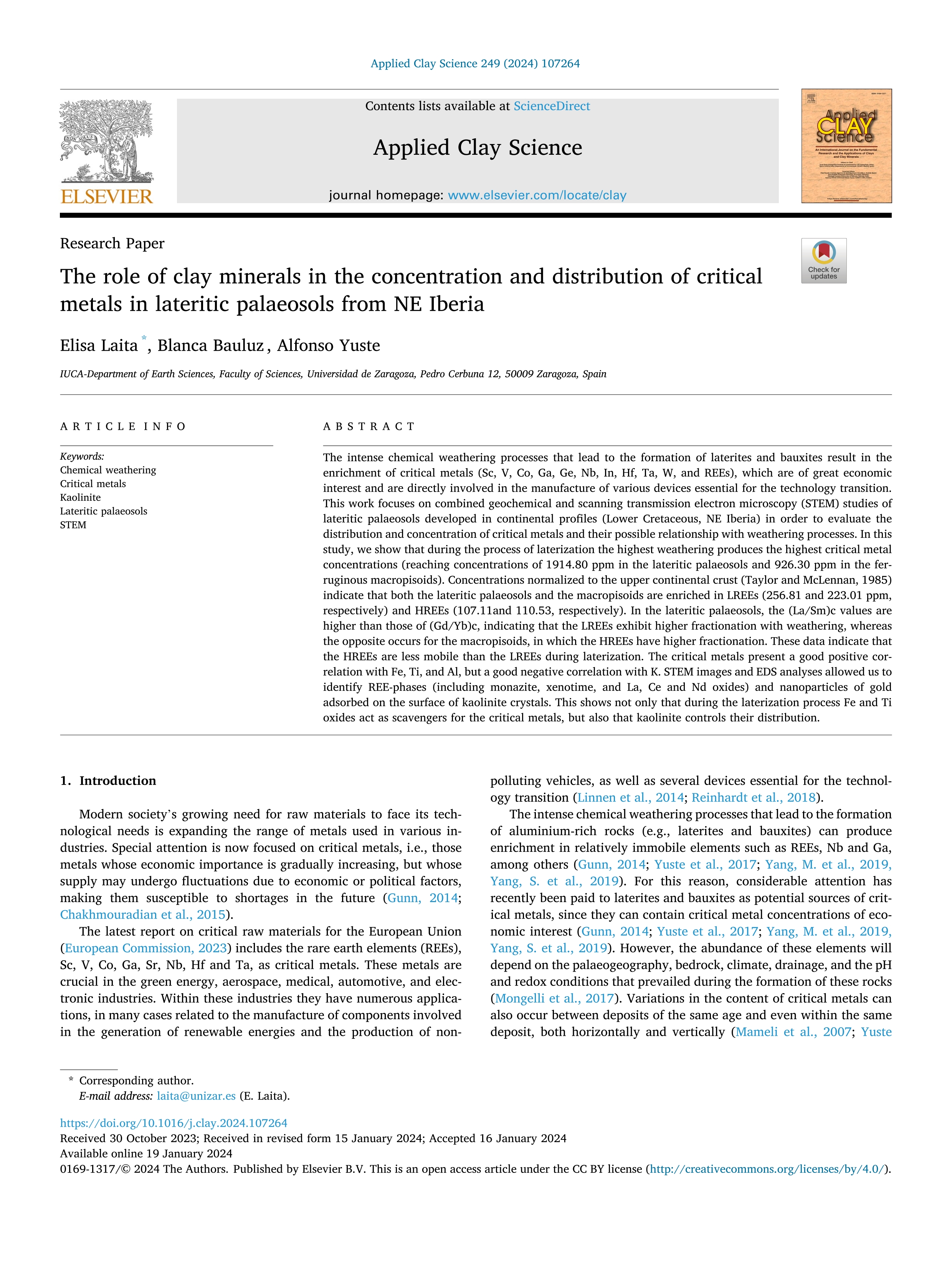 The role of clay minerals in the concentration and distribution of critical metals in lateritic palaeosols from NE Iberia