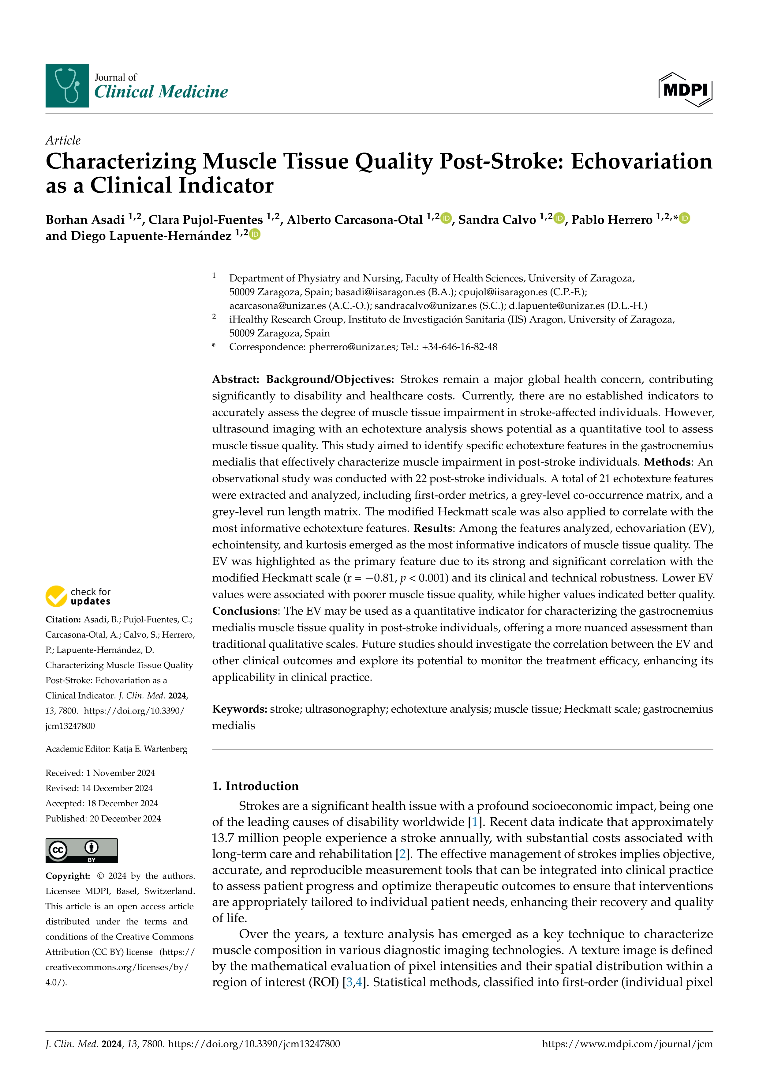 Characterizing Muscle Tissue Quality Post-Stroke: Echovariation as a Clinical Indicator