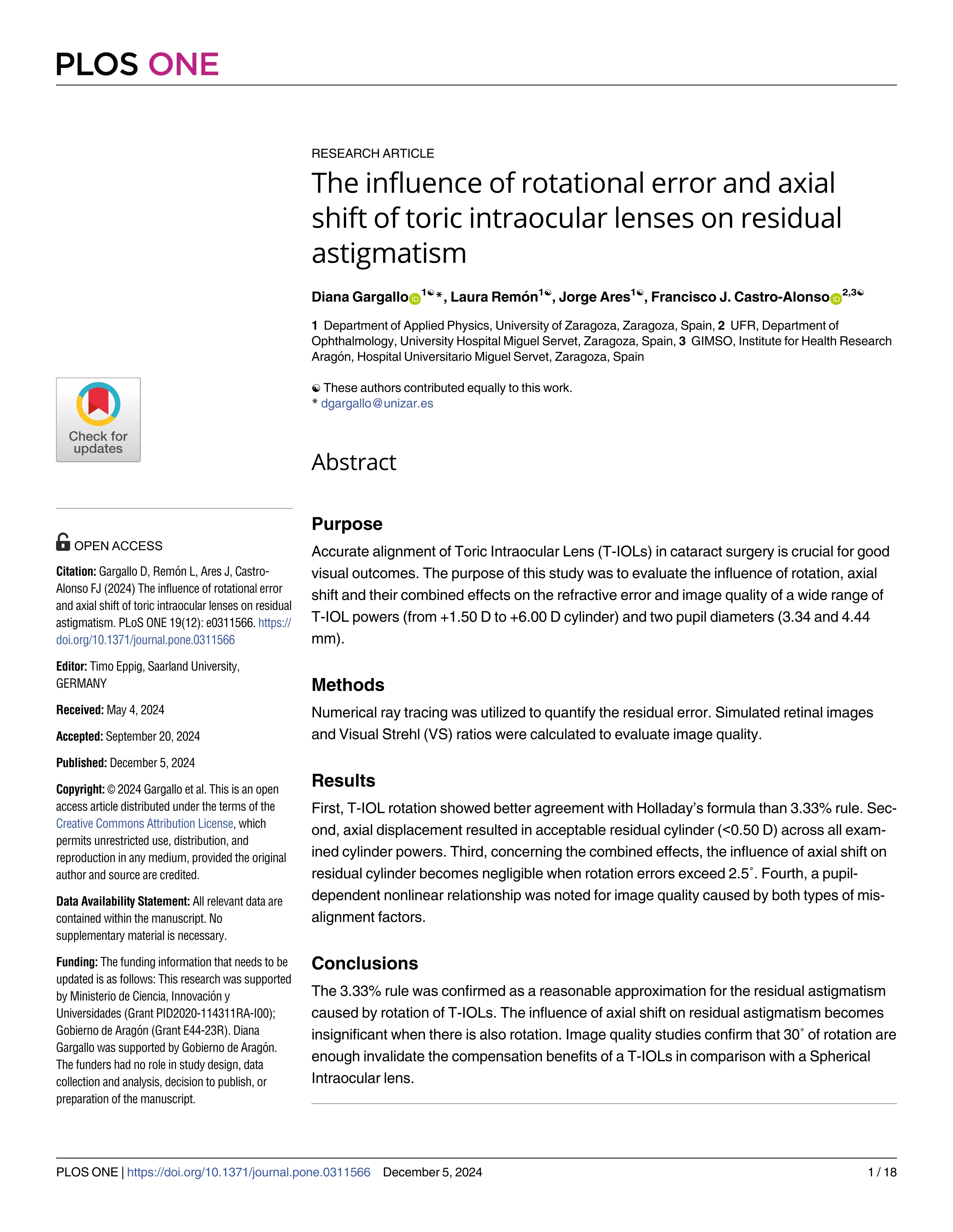 The influence of rotational error and axial shift of toric intraocular lenses on residual astigmatism