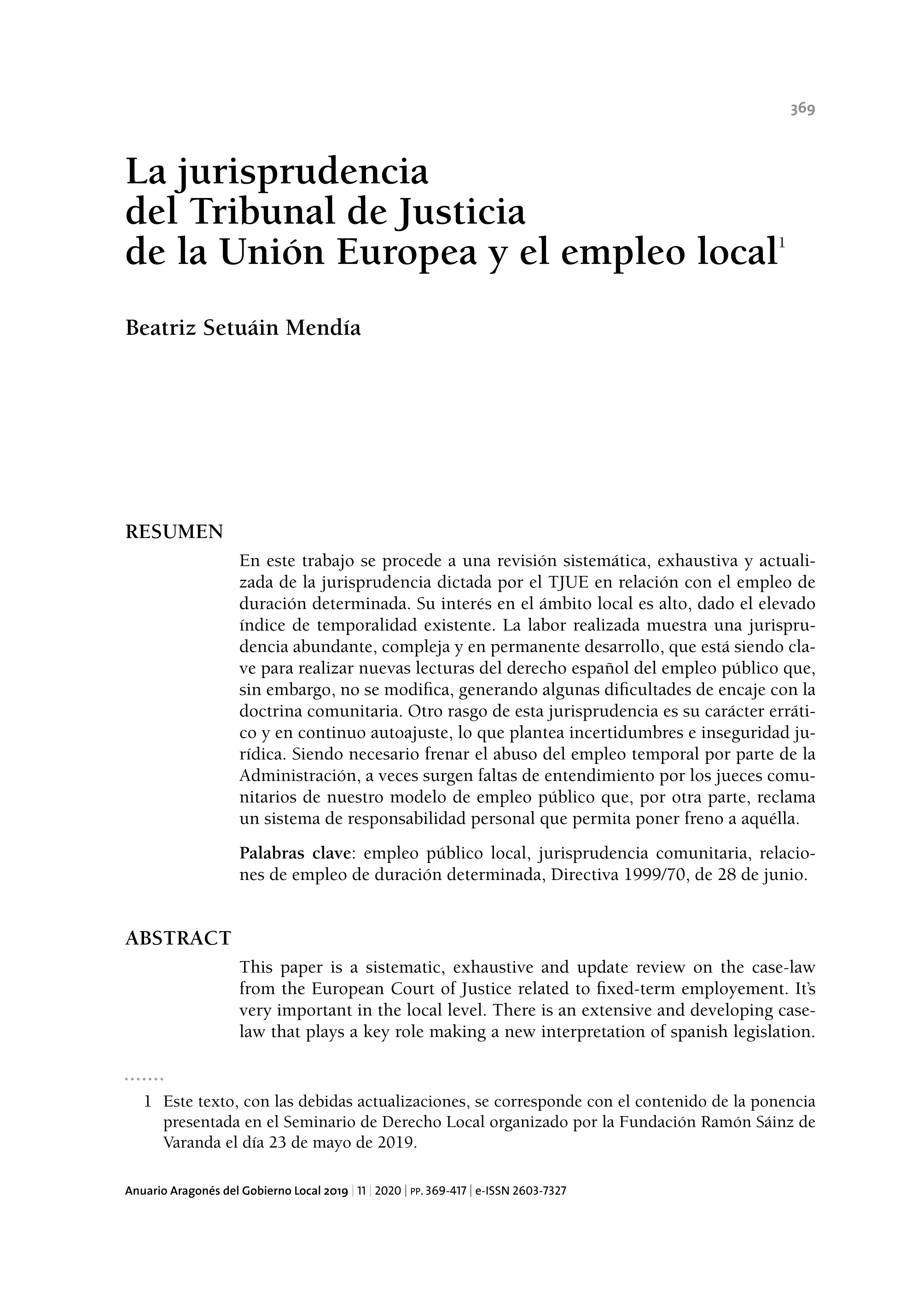 La jurisprudencia del Tribunal de Justicia de la Unión Europea y el empleo local