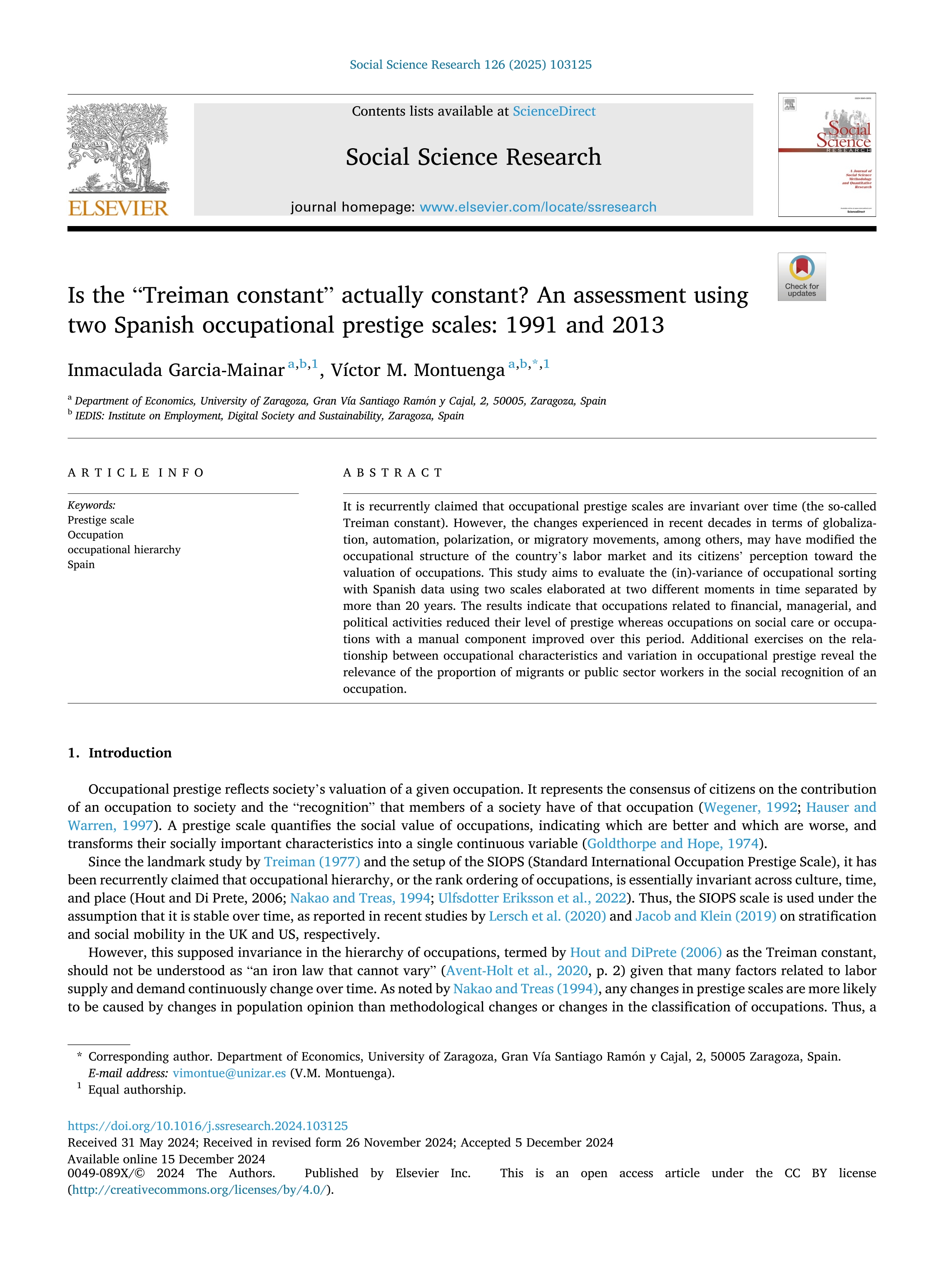 Is the “Treiman constant” actually constant? An assessment using two Spanish occupational prestige scales: 1991 and 2013