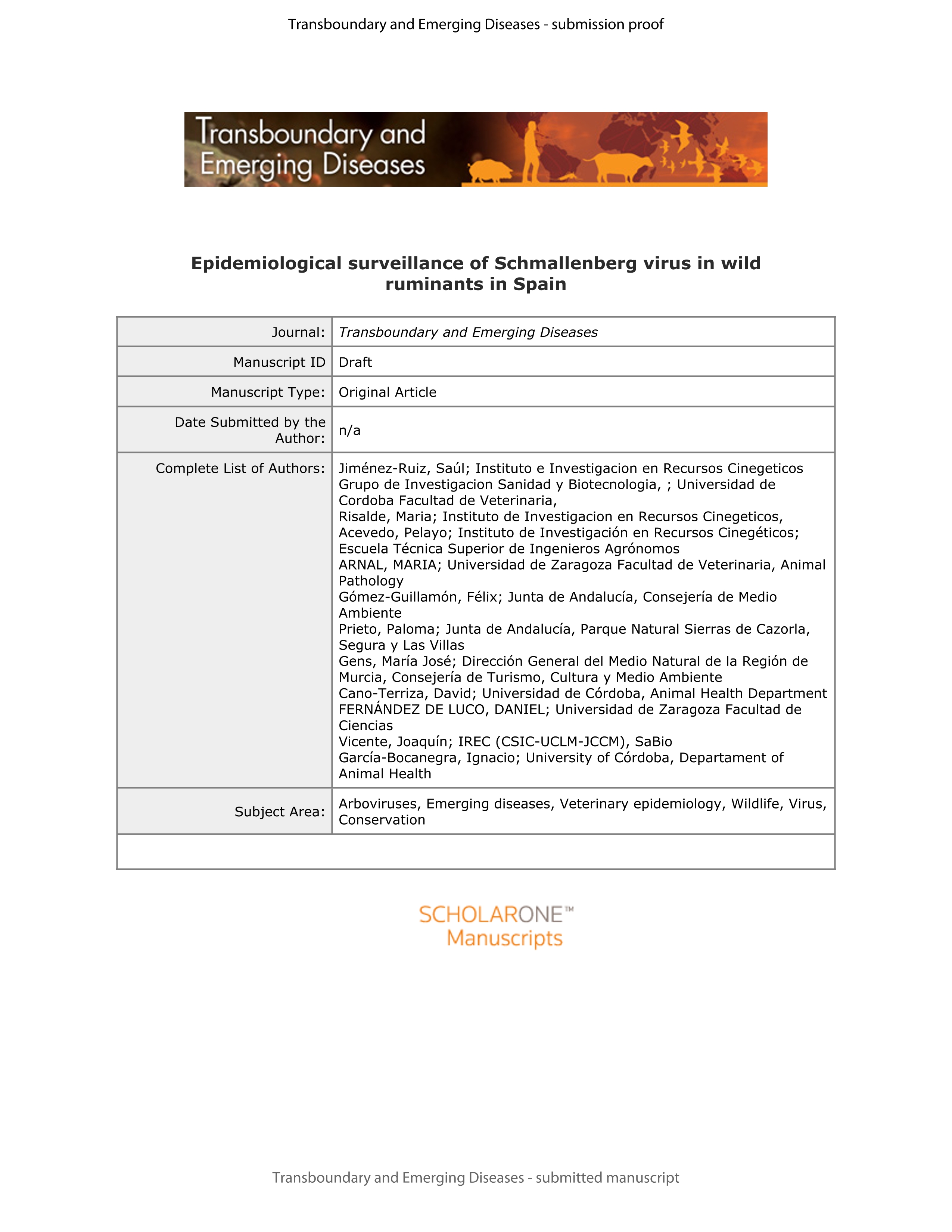 Serosurveillance of Schmallenberg virus in wild ruminants in Spain