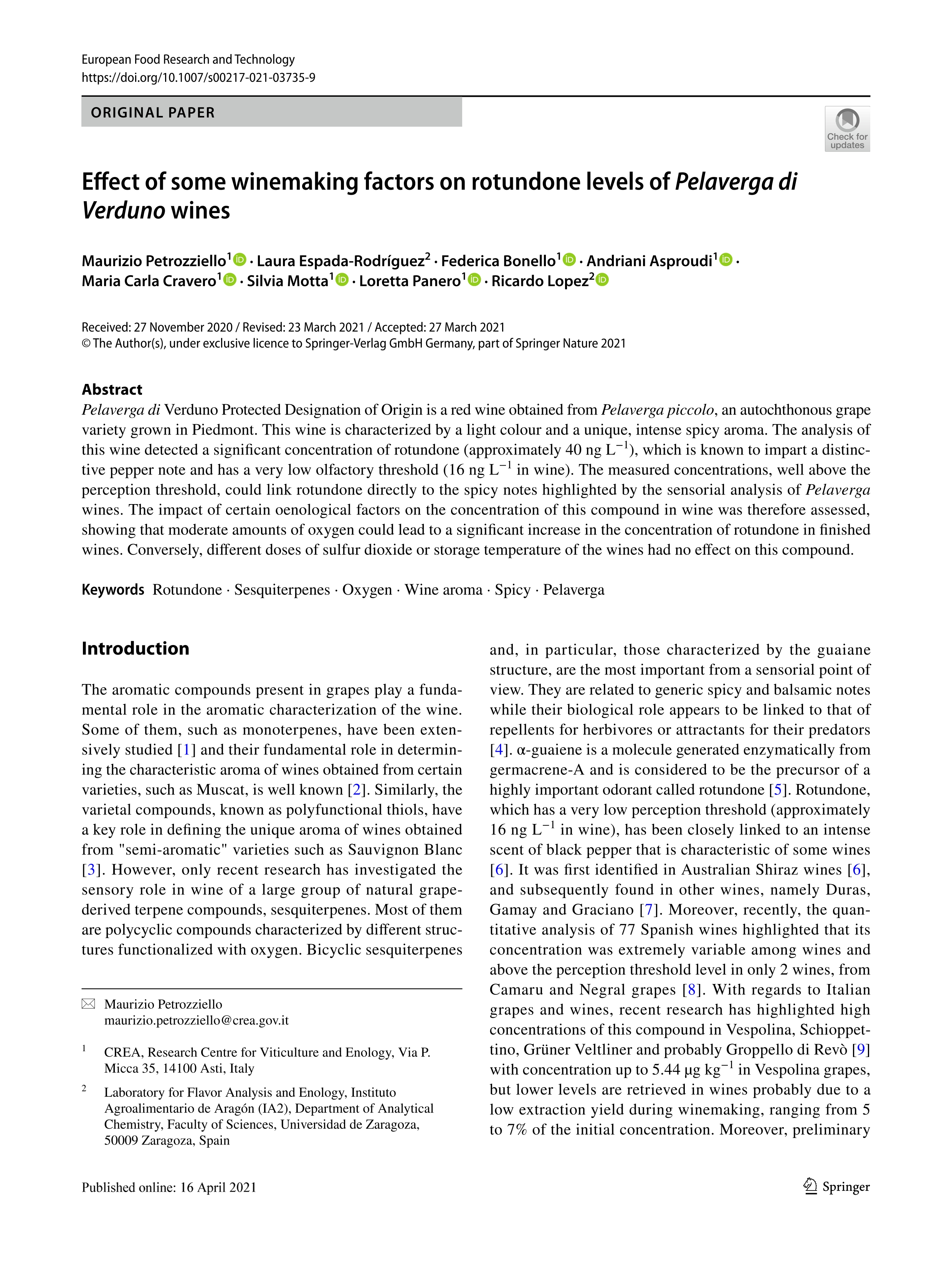 Effect of some winemaking factors on rotundone levels of Pelaverga di Verduno wines