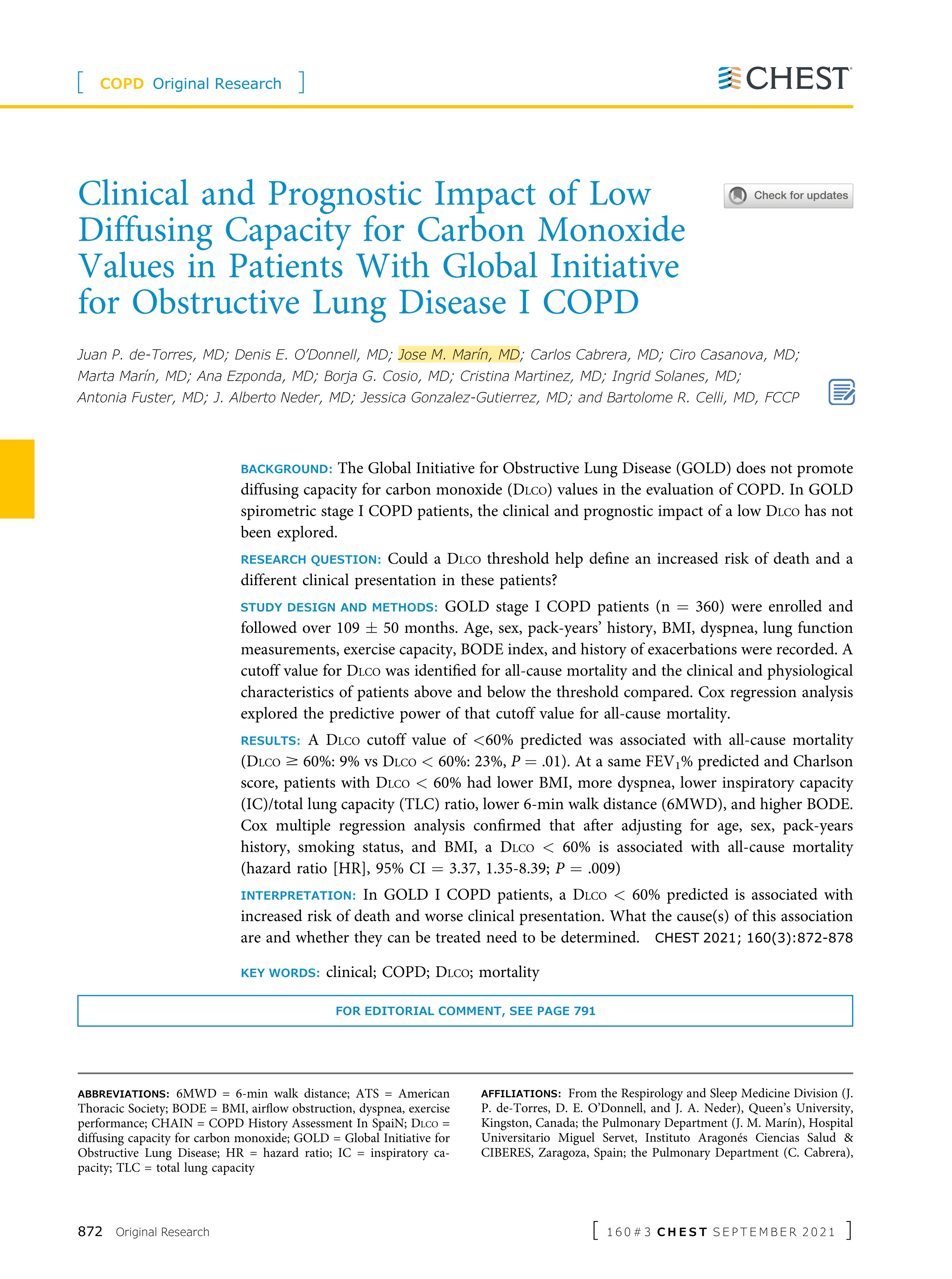 Clinical and Prognostic Impact of Low Diffusing Capacity for Carbon Monoxide Values in Patients With Global Initiative for Obstructive Lung Disease I COPD