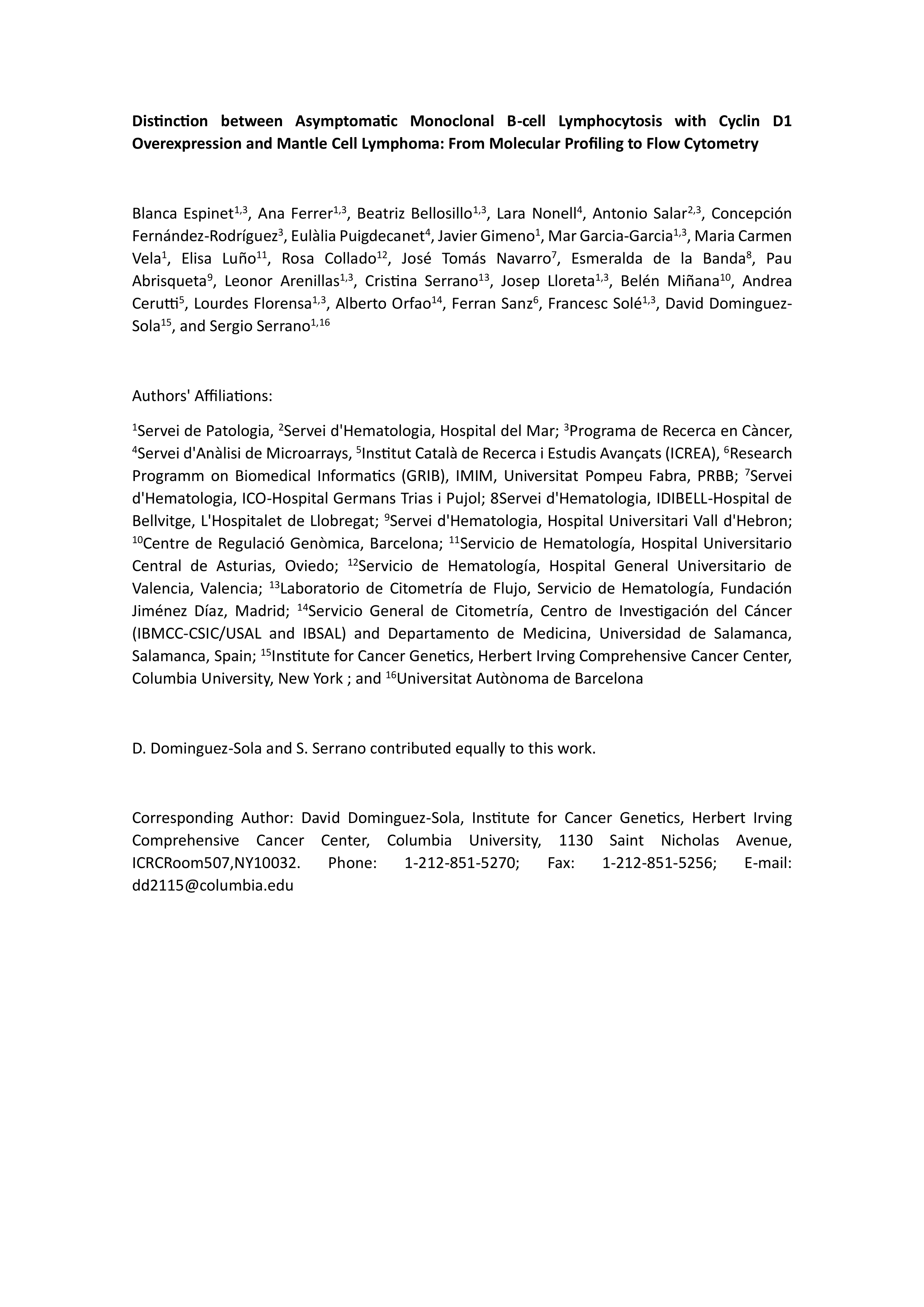 Distinction between Asymptomatic Monoclonal B-cell Lymphocytosis with Cyclin D1 Overexpression and Mantle Cell Lymphoma: From Molecular Profiling to Flow Cytometry