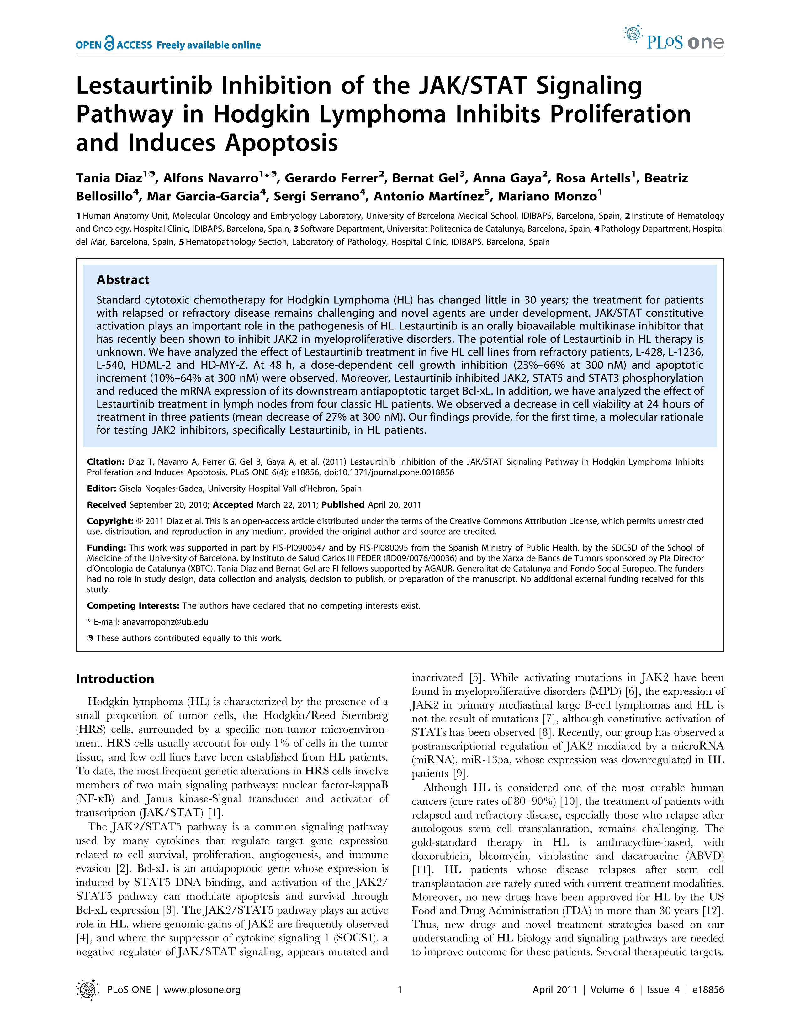 Lestaurtinib Inhibition of the JAKSTAT Signaling Pathway in Hodgkin Lymphoma Inhibits Proliferation and Induces Apoptosis