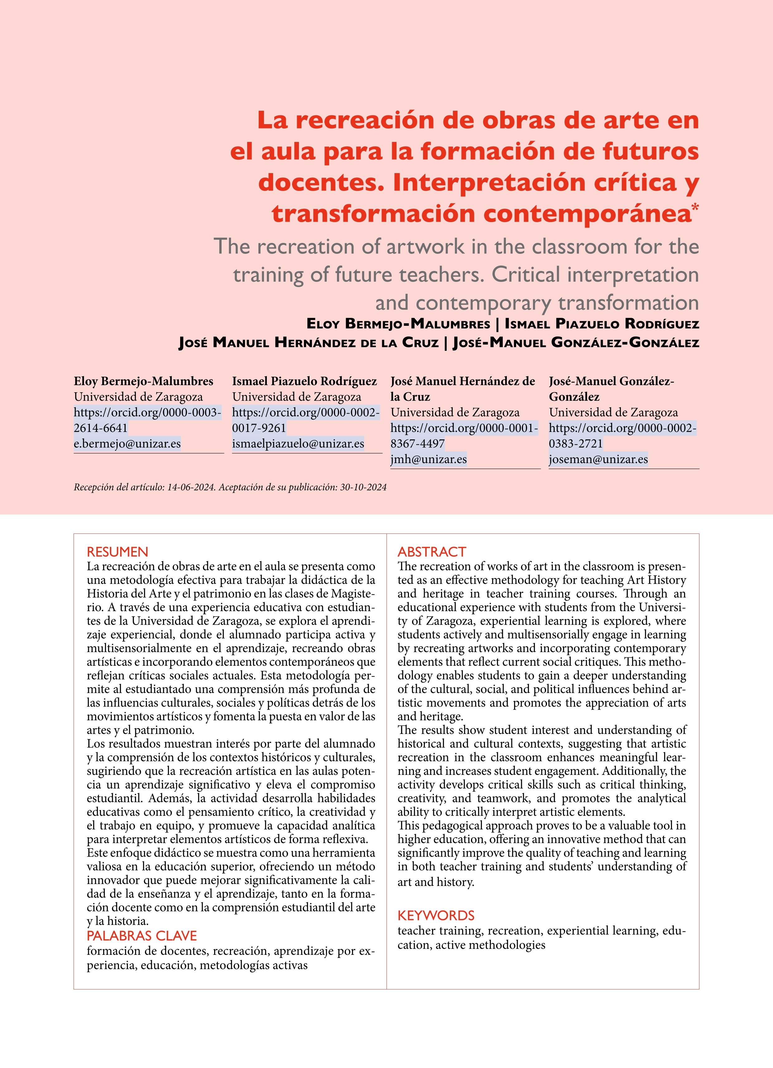 La recreación de obras de arte en el aula para la formación de futuros docentes. Interpretación crítica y transformación contemporánea