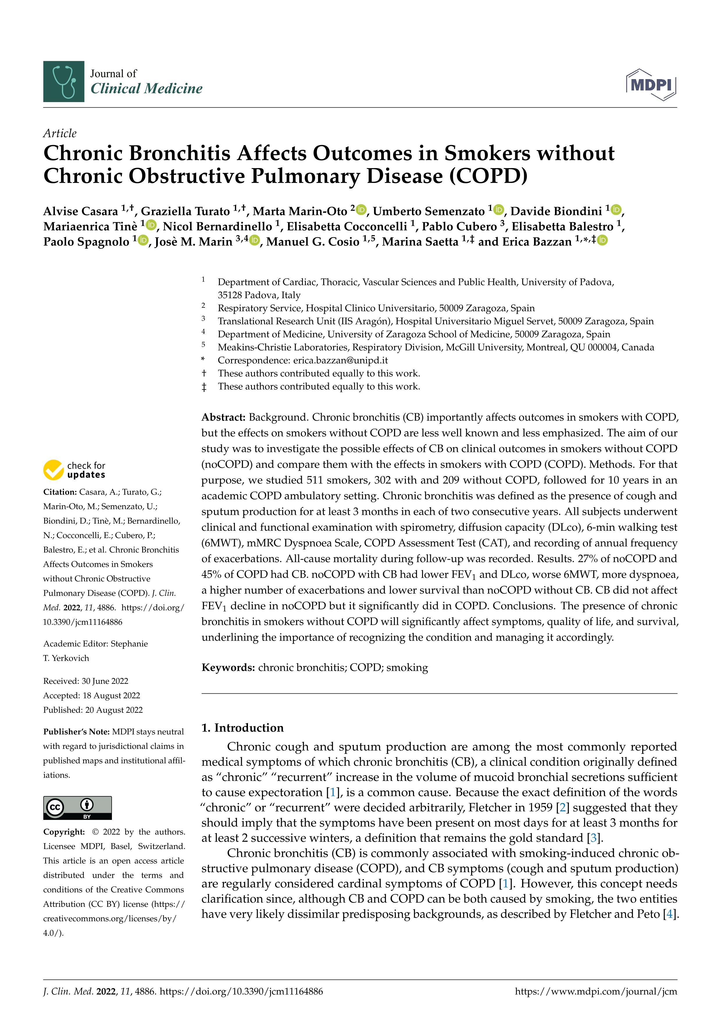 Chronic Bronchitis Affects Outcomes in Smokers without Chronic Obstructive Pulmonary Disease (COPD)