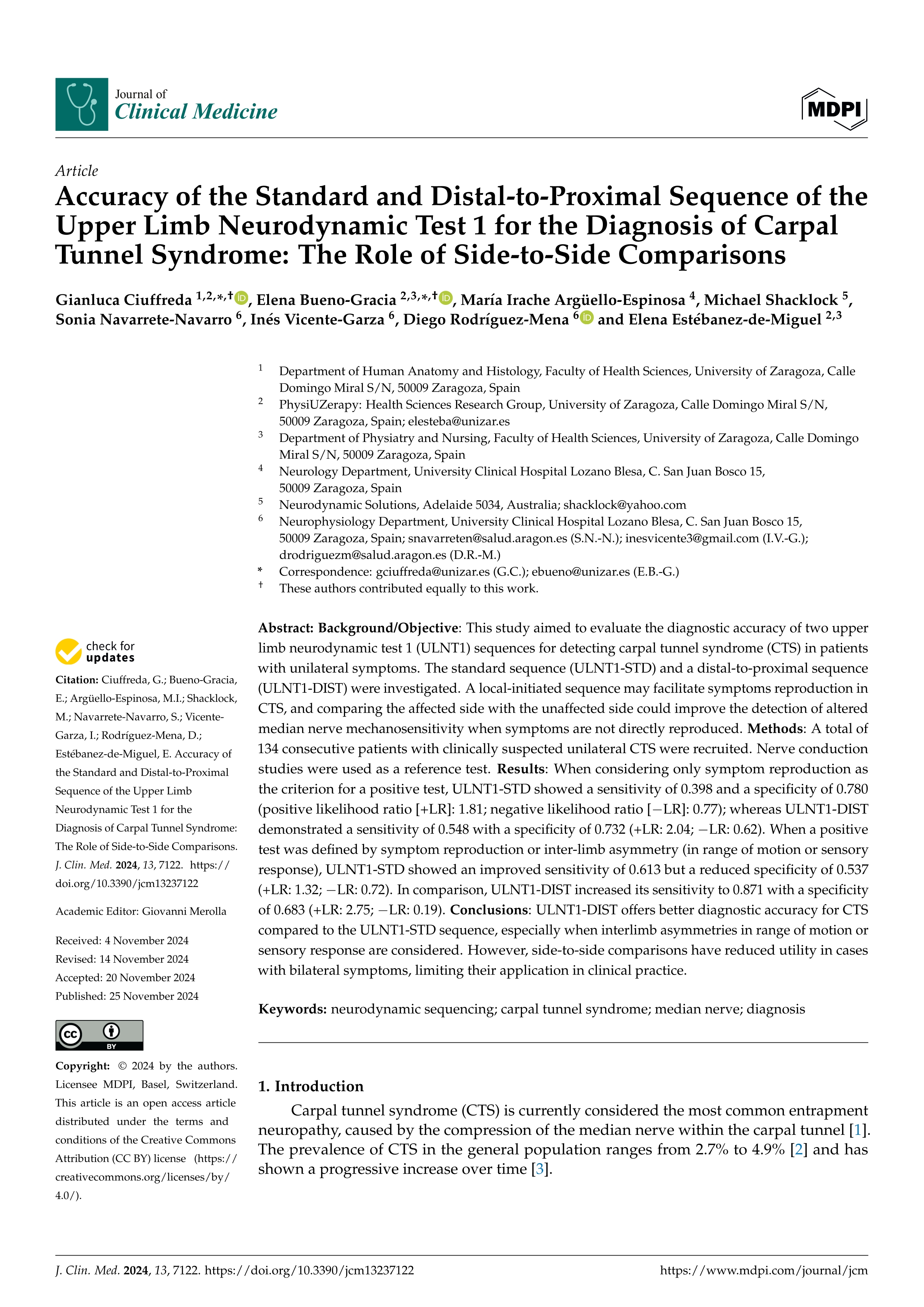 Accuracy of the standard and distal-to-proximal sequence of the upper limb neurodynamic test 1 for the diagnosis of carpal tunnel syndrome: the role of side-to-side comparisons