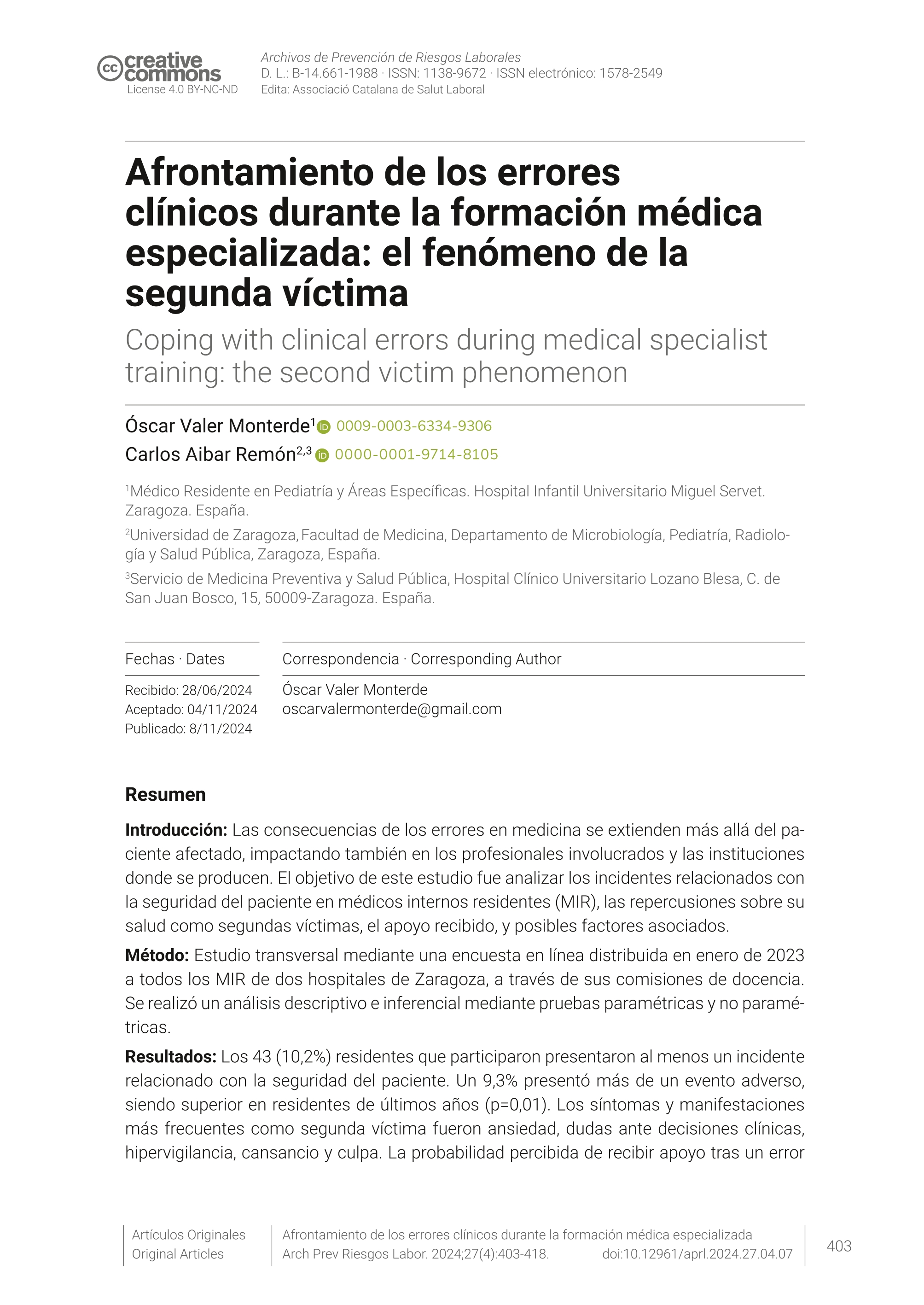 Afrontamiento de los errores clínicos durante la formación médica especializada: el fenómeno de la segunda víctima