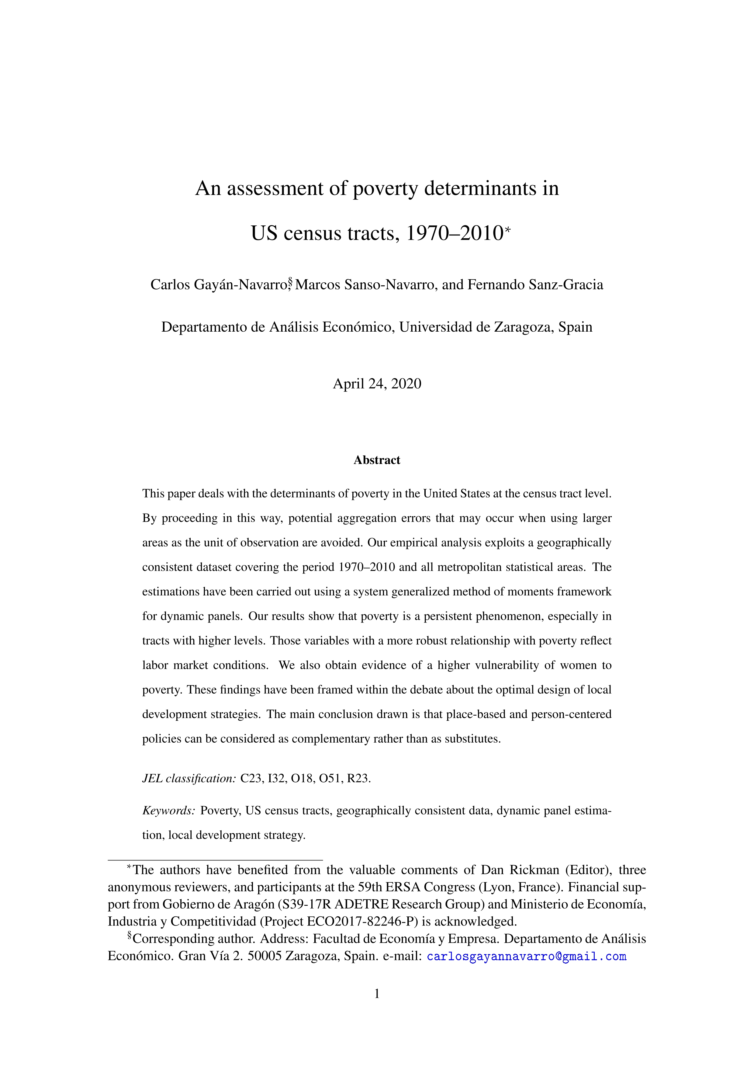 An assessment of poverty determinants in U.S. census tracts, 1970–2010