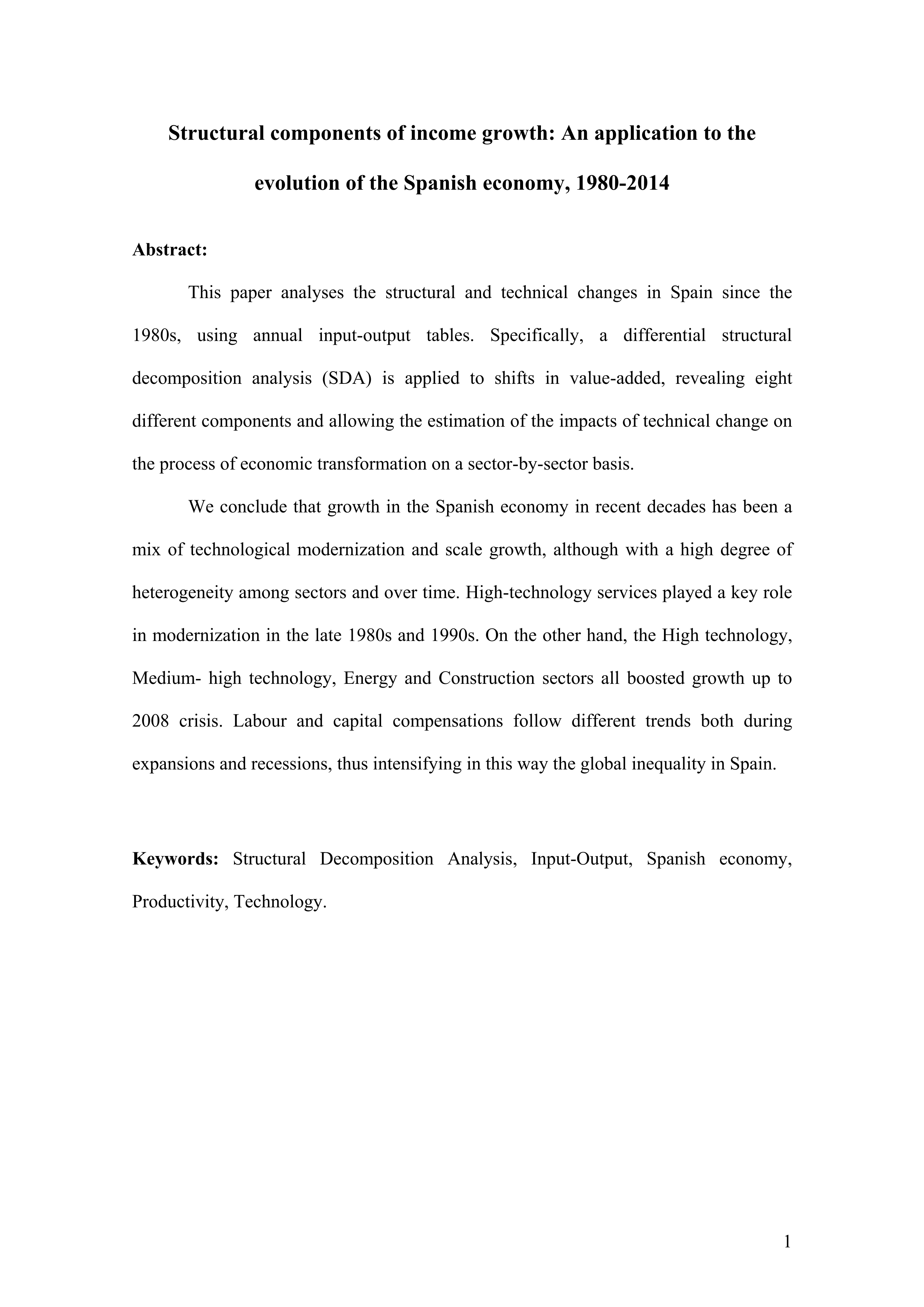 Structural components of income growth: an application to the evolution of the Spanish economy, 1980–2014