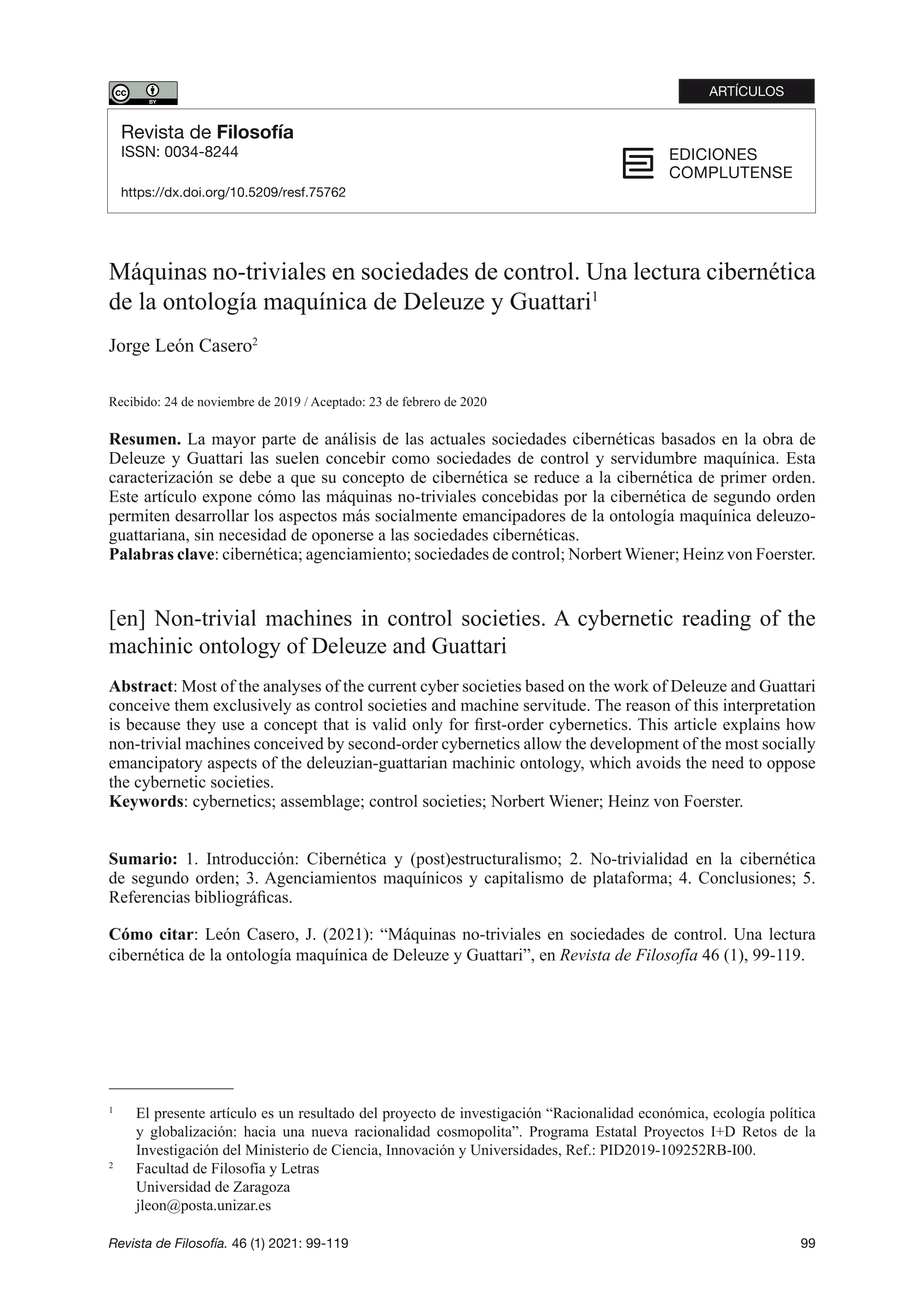 Máquinas no-triviales en sociedades de control. Una lectura cibernética de la ontología maquínica de Deleuze y Guattari