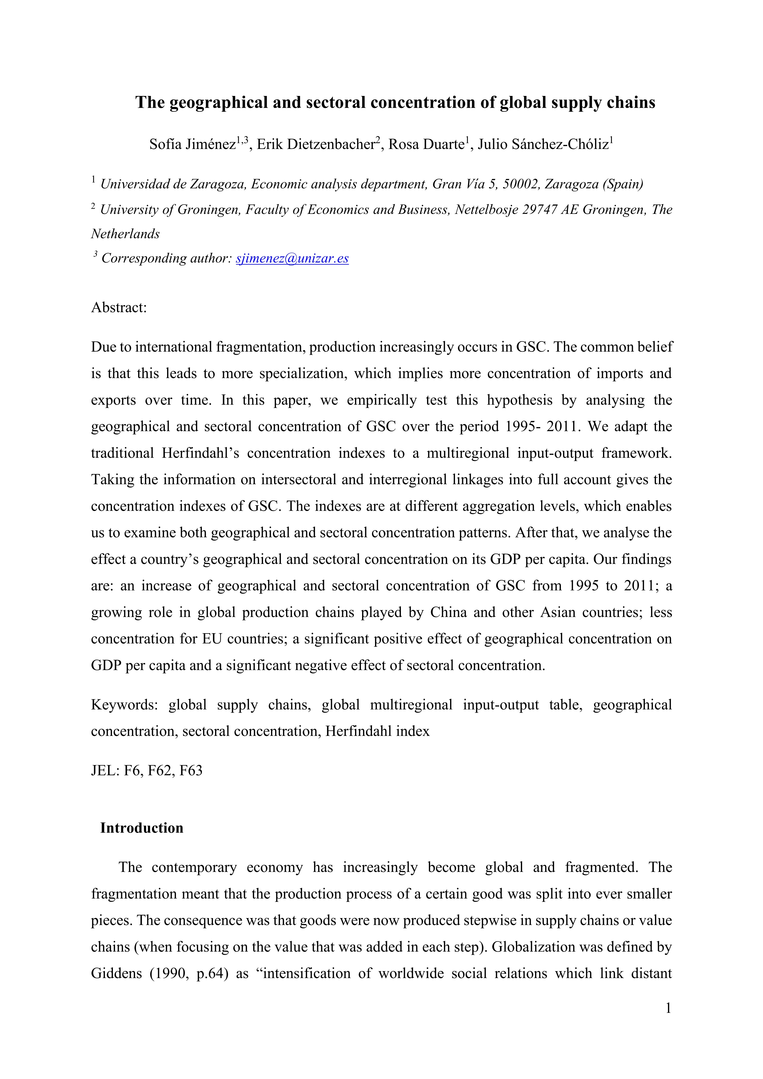 The geographical and sectoral concentration of global supply chains