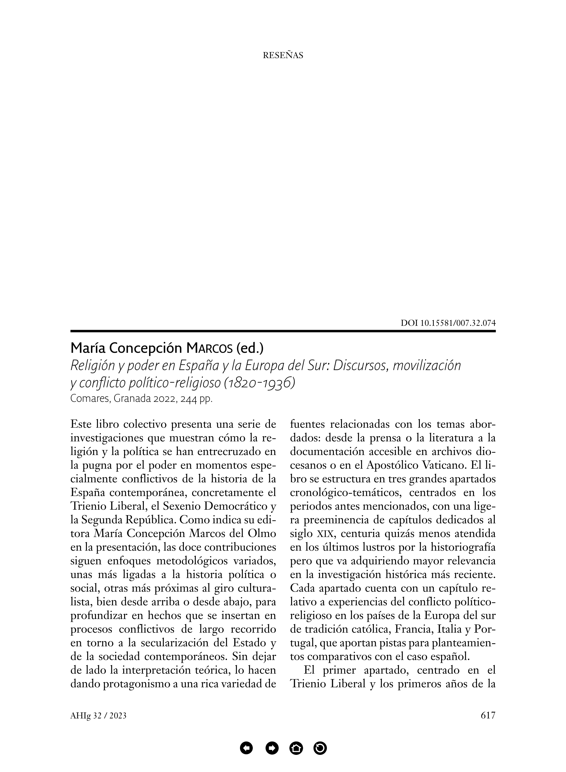 María Concepción Marcos (ed.), Religión y poder en España y la Europa del Sur: Discursos, movilización y conflicto político-religioso (1820-1936), Comares, Granada 2022, 244 pp.