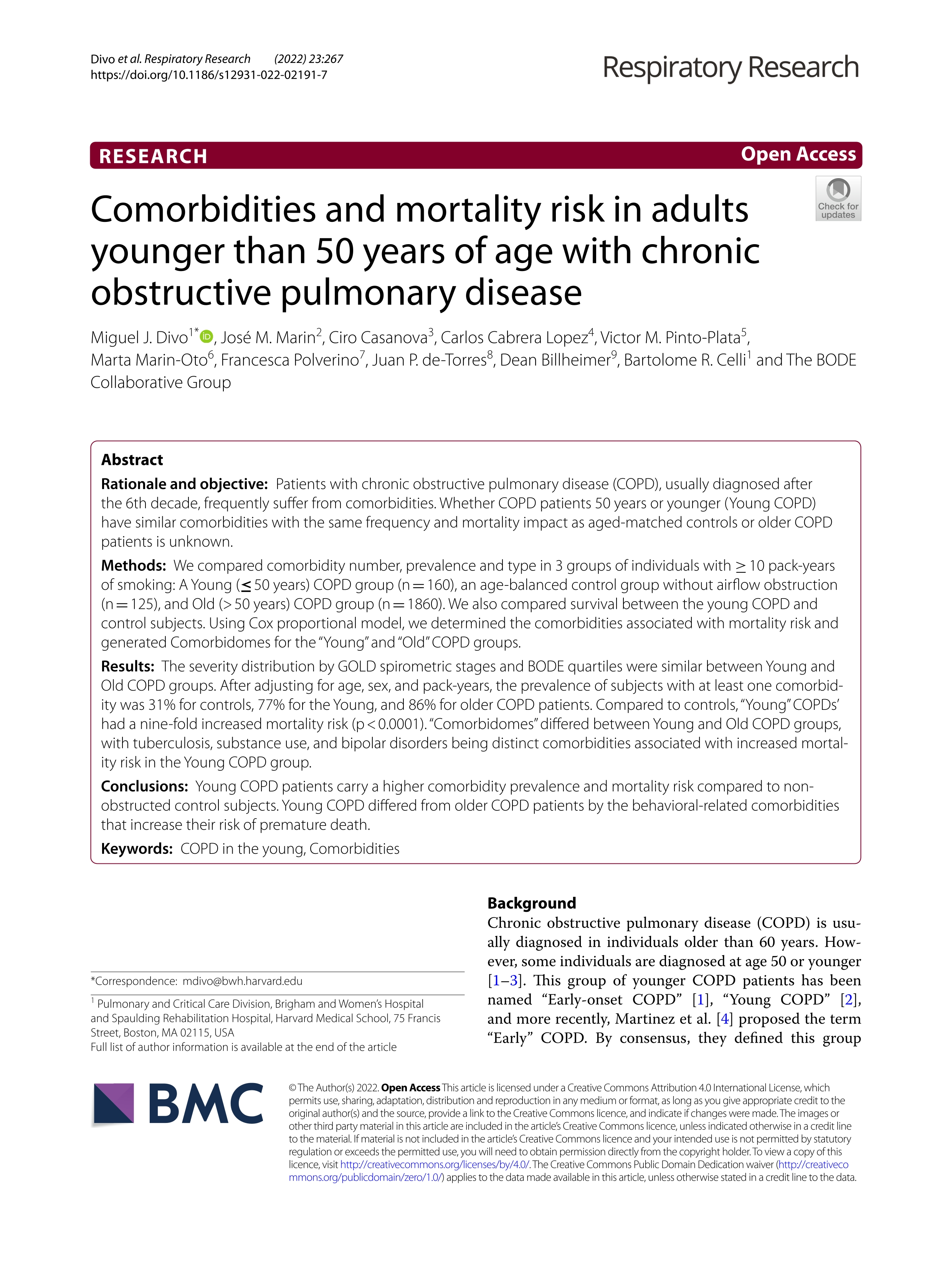 Comorbidities and mortality risk in adults younger than 50 years of age with chronic obstructive pulmonary disease