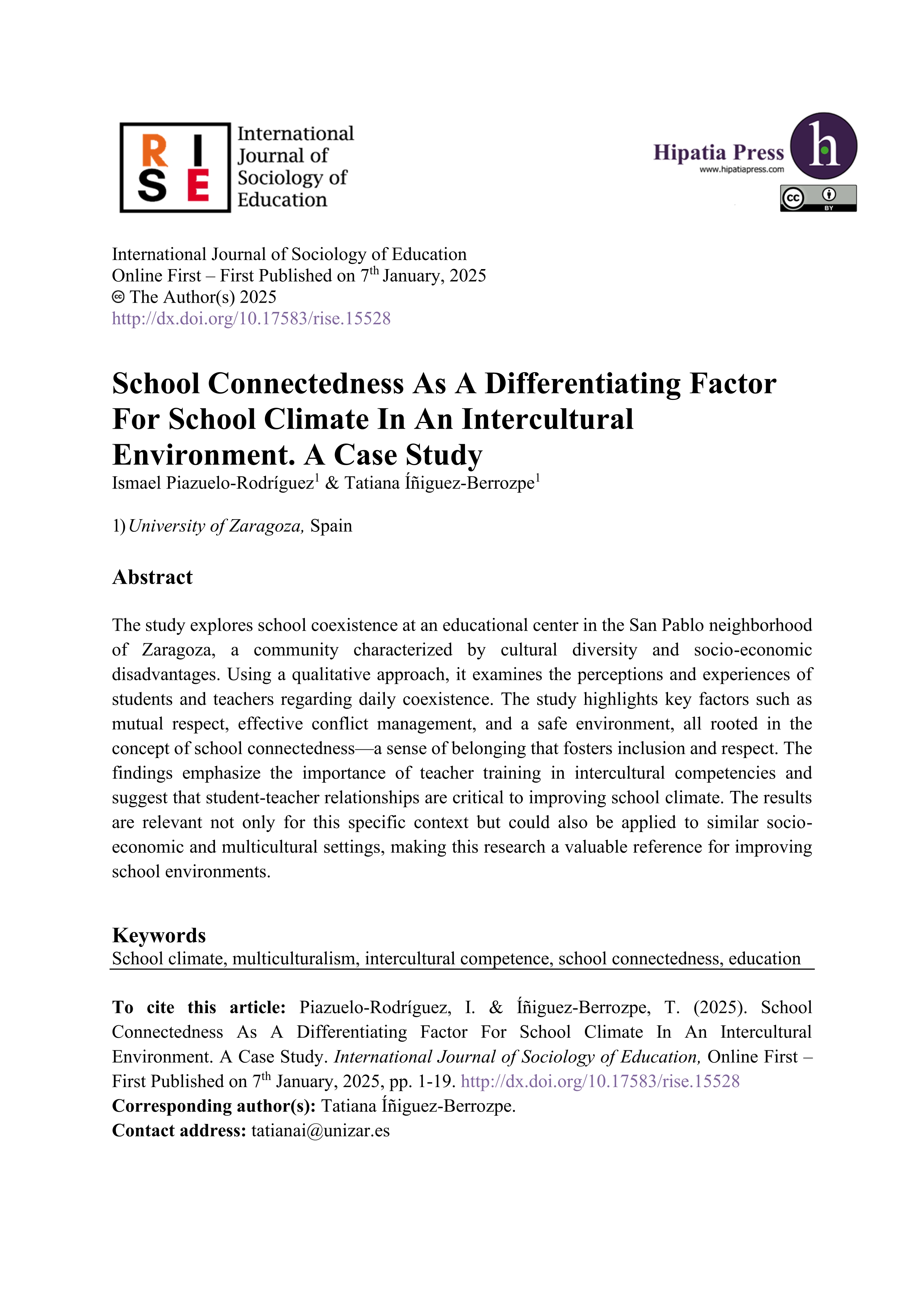 School connectedness as a differentiating factor for school climate in an intercultural environment. a case study