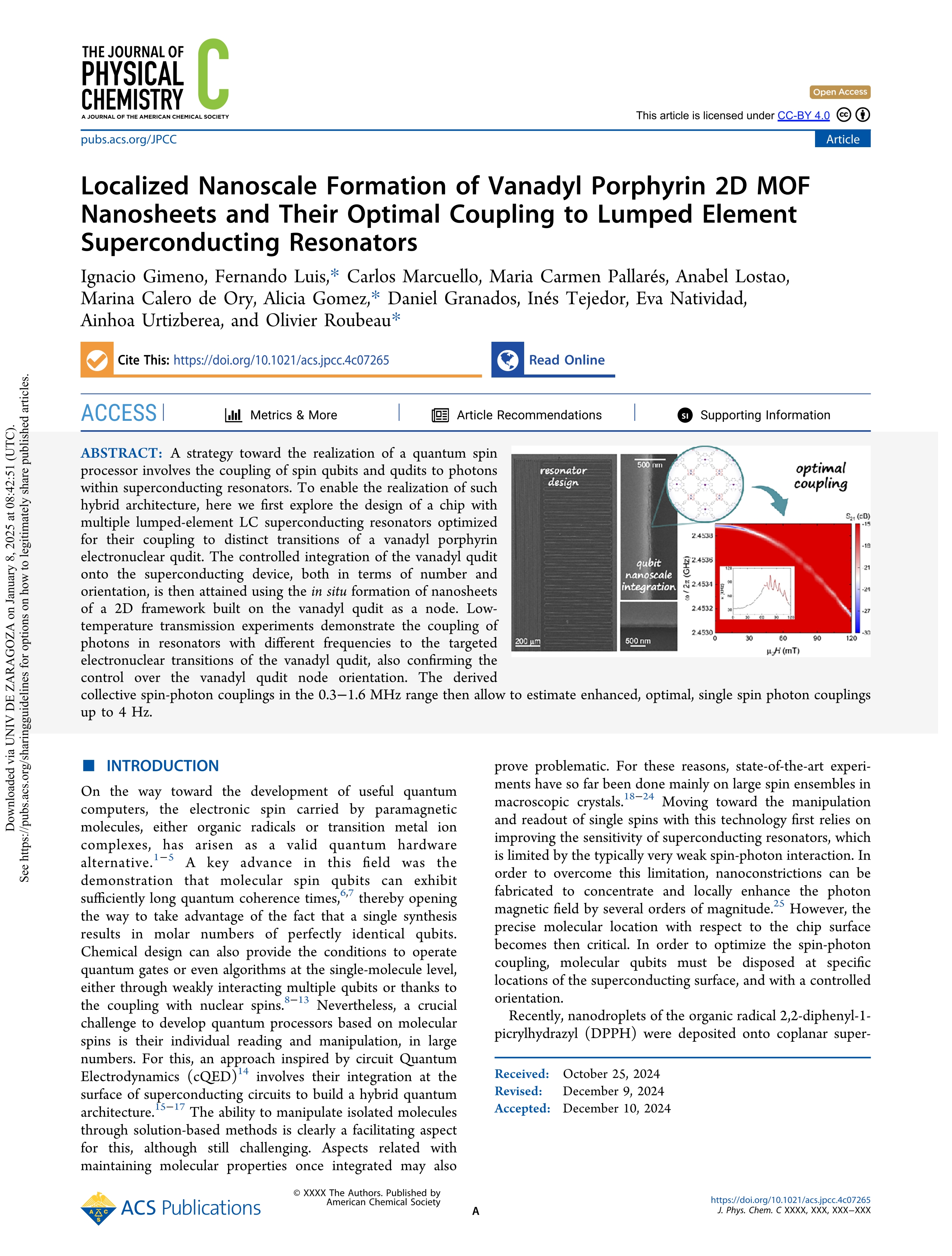 Localized nanoscale formation of vanadyl porphyrin 2D MOF nanosheets and their optimal coupling to lumped element superconducting resonators