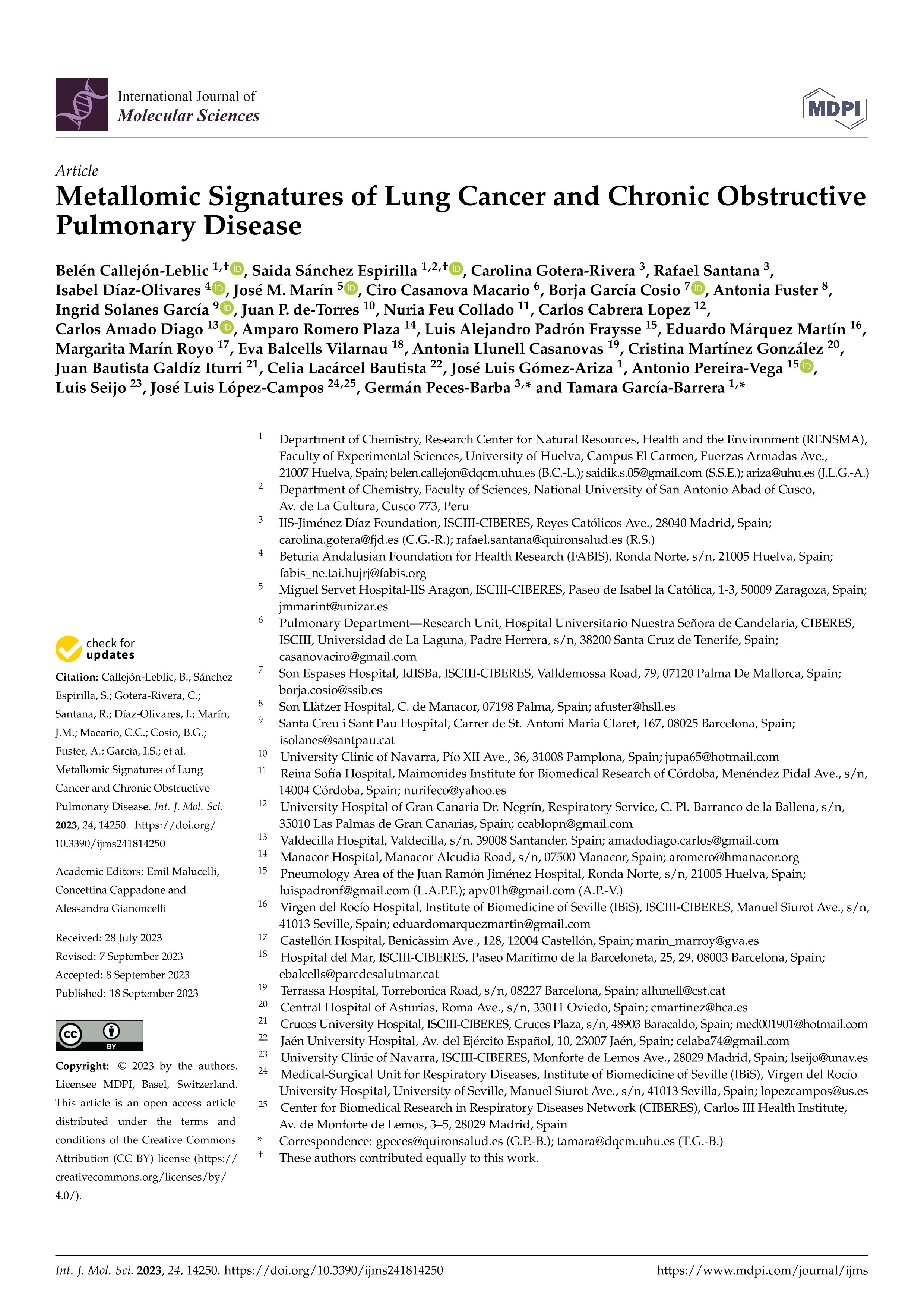 Metallomic Signatures of Lung Cancer and Chronic Obstructive Pulmonary Disease