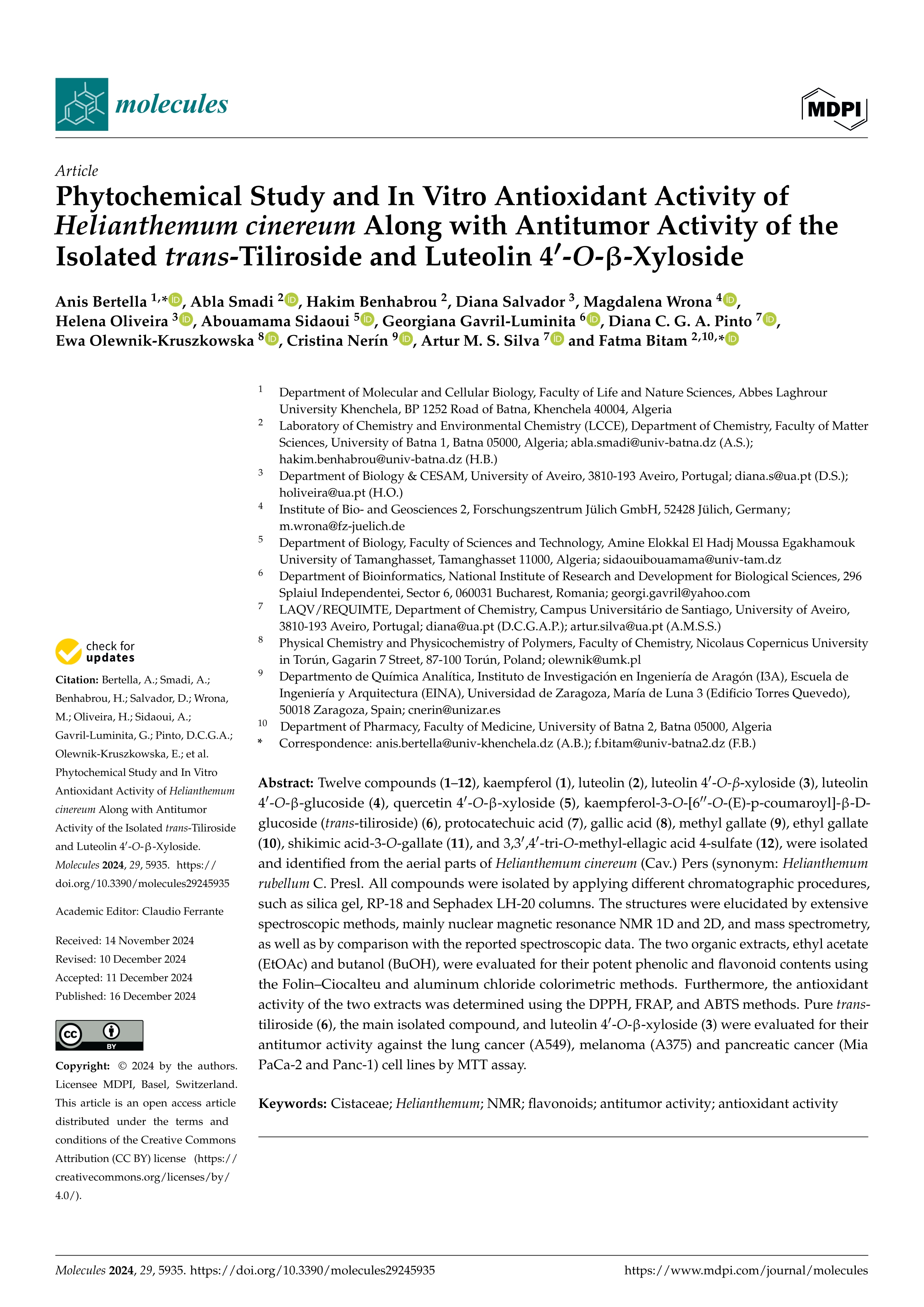 Phytochemical Study and In Vitro Antioxidant Activity of Helianthemum cinereum Along with Antitumor Activity of the Isolated trans-Tiliroside and Luteolin 4'-O-ß-Xyloside
